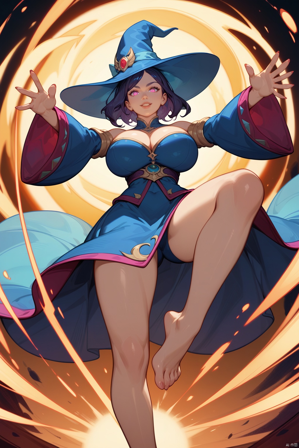 ,score_9 score_8_up score_7_up,john kafka,close-up,foot focus, 1girl,huge_breasts,looking_at_viewer,tiptoes,fighting_stance,bents knees, witch_hat,expressive_clothes,slutty clothes,wide_sleeves,reaching arm,barefoot, plasma splatter,Energy Blast,slashing,,masterpiece, best quality, absurdres, newest, very aesthetic, amazing quality,highres,sensitive,