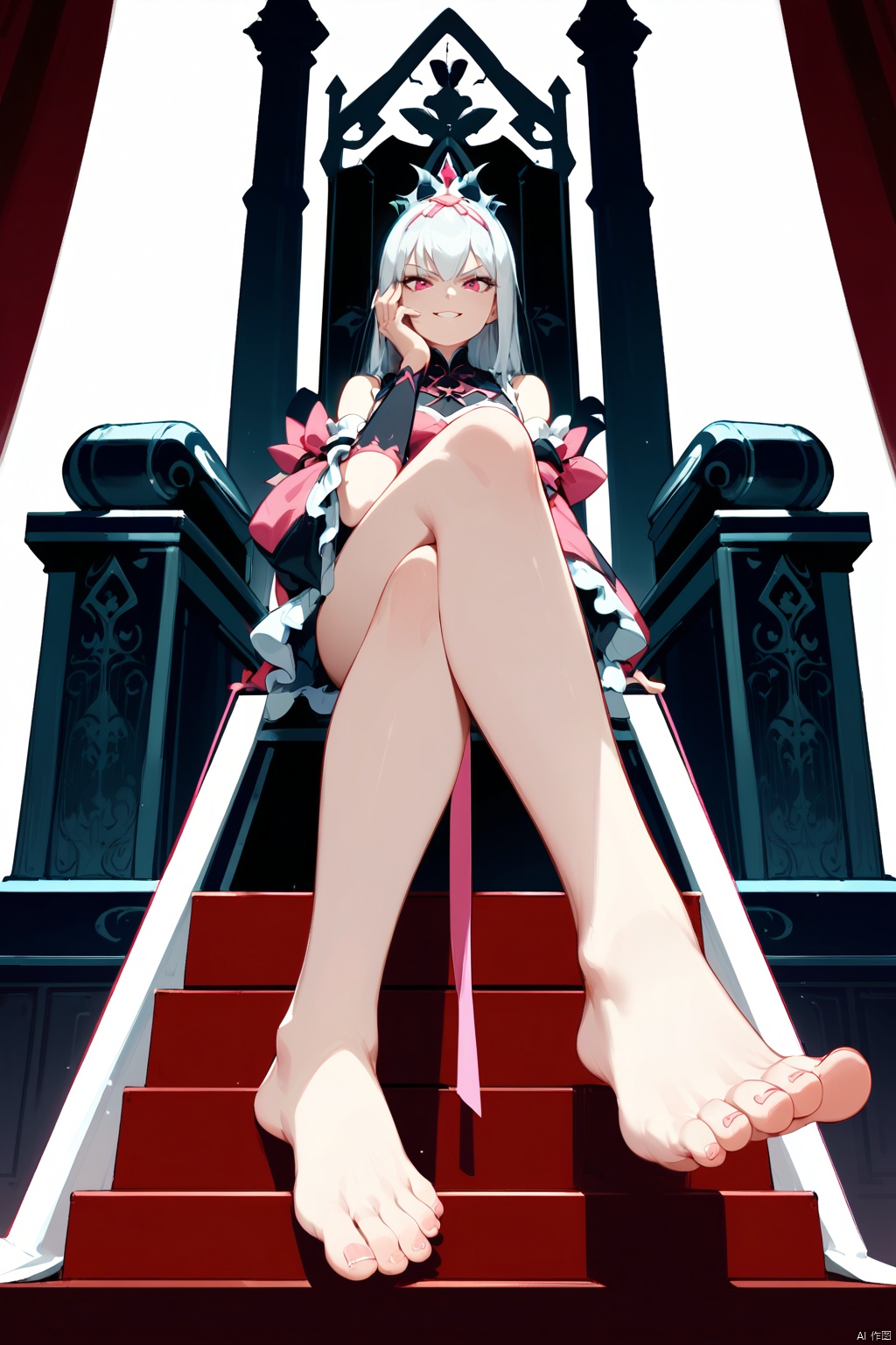 ,score_9 score_8_up score_7_up,1girl,krul tepes,silk clothes,frills,pink ribbons,detached sleeves,sleeves past wrists,sitting on throne,hand on own face,hand on own thigh,legs crossed,glaring,smirk,chiaroscuro,low angle,foot focus,barefoot,feet,toes,toenails,,masterpiece, best quality, absurdres, newest, very aesthetic, amazing quality,highres,sensitive,