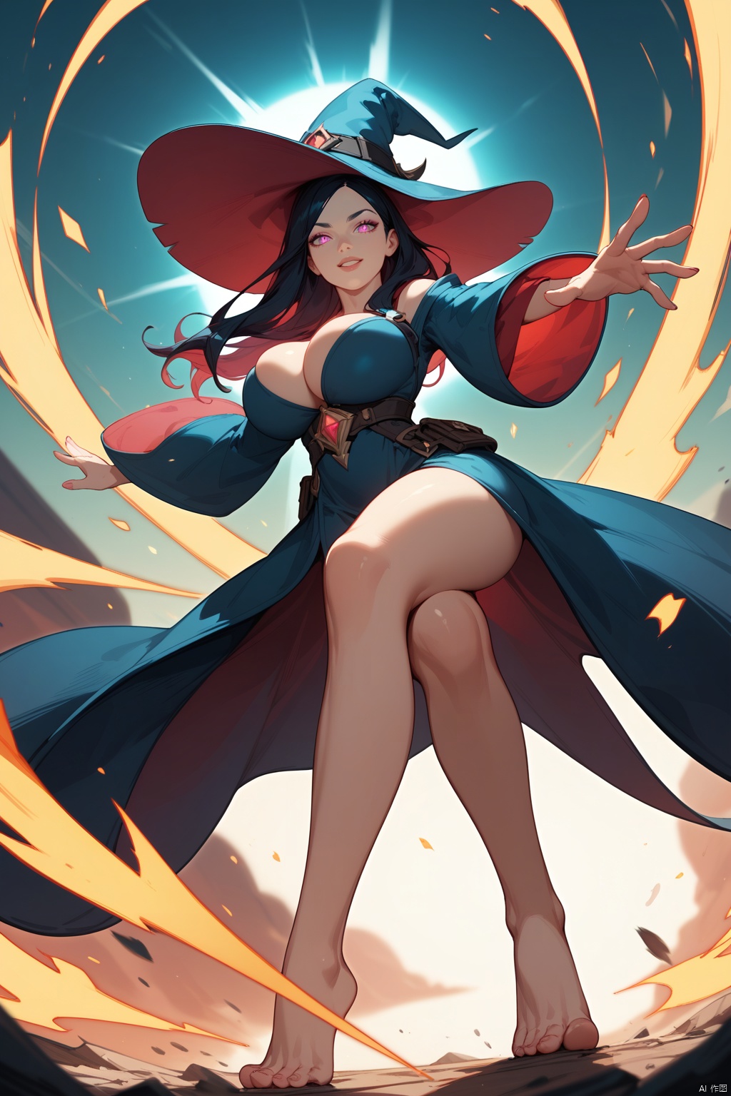,score_9 score_8_up score_7_up,john kafka,close-up,foot focus, 1girl,huge_breasts,looking_at_viewer,tiptoes,fighting_stance,bents knees, witch_hat,expressive_clothes,slutty clothes,wide_sleeves,reaching arm,barefoot, plasma splatter,Energy Blast,slashing,,masterpiece, best quality, absurdres, newest, very aesthetic, amazing quality,highres,sensitive,