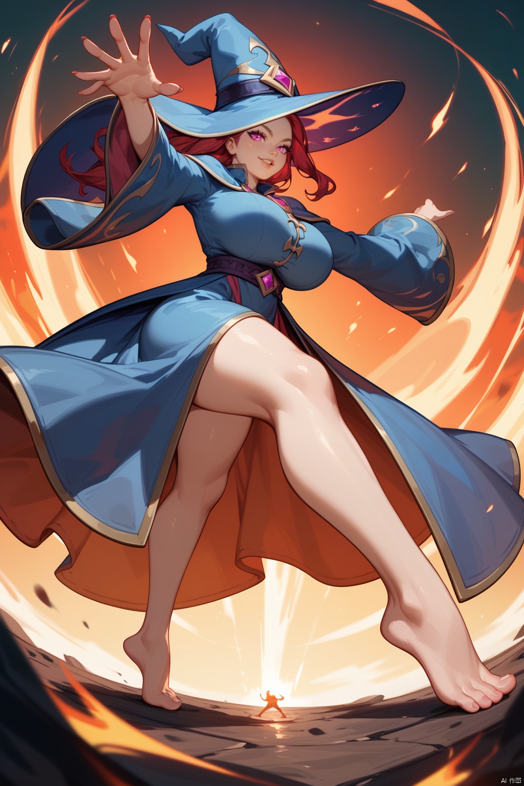 ,score_9 score_8_up score_7_up,john kafka,close-up,foot focus, 1girl,huge_breasts,looking_at_viewer,tiptoes,fighting_stance,bents knees, witch_hat,expressive_clothes,slutty clothes,wide_sleeves,reaching arm,barefoot, plasma splatter,Energy Blast,slashing,,masterpiece, best quality, absurdres, newest, very aesthetic, amazing quality,highres,sensitive,