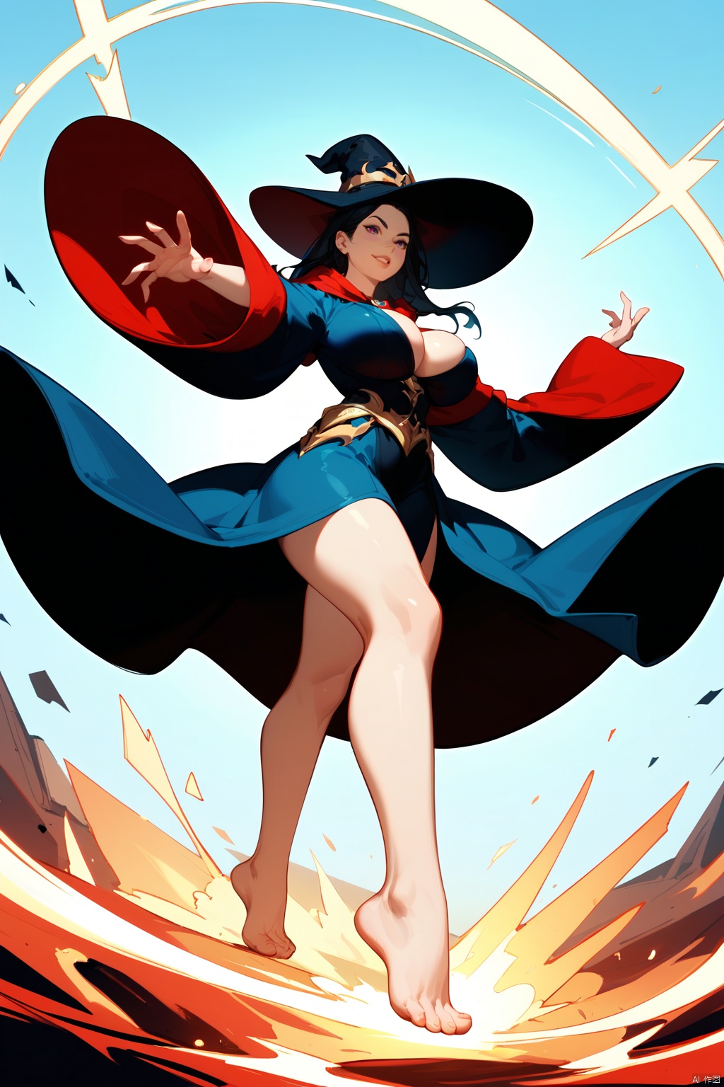 ,score_9 score_8_up score_7_up,john kafka,close-up,foot focus, 1girl,huge_breasts,looking_at_viewer,tiptoes,fighting_stance,bents knees, witch_hat,expressive_clothes,slutty clothes,wide_sleeves,reaching arm,barefoot, plasma splatter,Energy Blast,slashing,,masterpiece, best quality, absurdres, newest, very aesthetic, amazing quality,highres,sensitive,