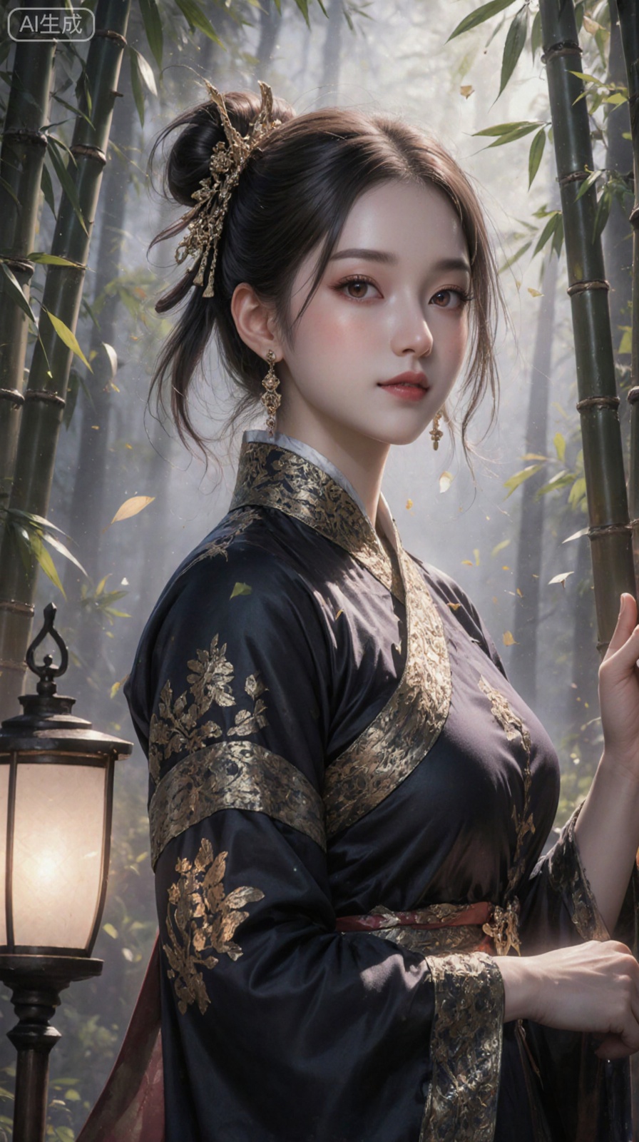 Film texture, high-end feel, color matching, and movie look. Real person, texture, grainy, bright and saturated colors. Stunning, girly, messy beauty, bun hair, hairpin. Exquisite ancient costume with dark patterns. In the bamboo forest, the bamboo leaves are falling and the hair is slightly raised. The skin feels realistic. Dreamy, fantasy, hazy beauty, foggy, hand-held dim lanterns are the most artistic main light source. They must optimize the composition to create a strong three-dimensional sense, texture and dramatic contrast between light and dark. Highlight the only subject and follow classic composition principles such as the rule of thirds, leading lines or negative space to create a sense of breathing and narrative tension. Improve picture details to photographic level/hyper-realistic level. Perfectly render the texture, reflection and translucency of key materials. Generate a harmonious and emotional color grading based on the image's theme, creating a unique atmosphere. 8K resolution, ultra-realistic, with amazing details and artistic appeal. The face should be clean and the expression should be rich, especially the eyes, which should be as sweet as possible, unless the environment and shape do not allow it. The camera angles can also be diverse and eclectic. Keep the expression consistent in the picture, such as color, expressions, and actions that fit the theme. The most artistic main light source creates a strong three-dimensional sense, texture and dramatic contrast between light and dark, and the composition must be optimized. Highlight the only subject and follow classic composition principles such as the rule of thirds, leading lines or negative space to create a sense of breathing and narrative tension. Improve picture details to photographic level/hyper-realistic level. Perfectly render the texture, reflection and translucency of key materials. Generate a harmonious and emotional color grading based on the image's theme, creating a unique atmosphere. 8K resolution, ultra-realistic, with amazing details and artistic appeal. The expressions should be contagious and as sweet as possible, unless the environment and shape do not allow it. The camera angles can also be diverse and eclectic. If you have a reference picture, please do the following: accurately reproduce the facial features and appearance in Picture 1 and blend it naturally into the original scene. The image completely retains the original's dramatic chiaroscuro light, soft and blurry neutral background, and cool and soft tonal style. Master-level image quality, 8K ultra-high definition, ultimate realism, harmonious light and texture, flawless skin details, and natural facial integration.