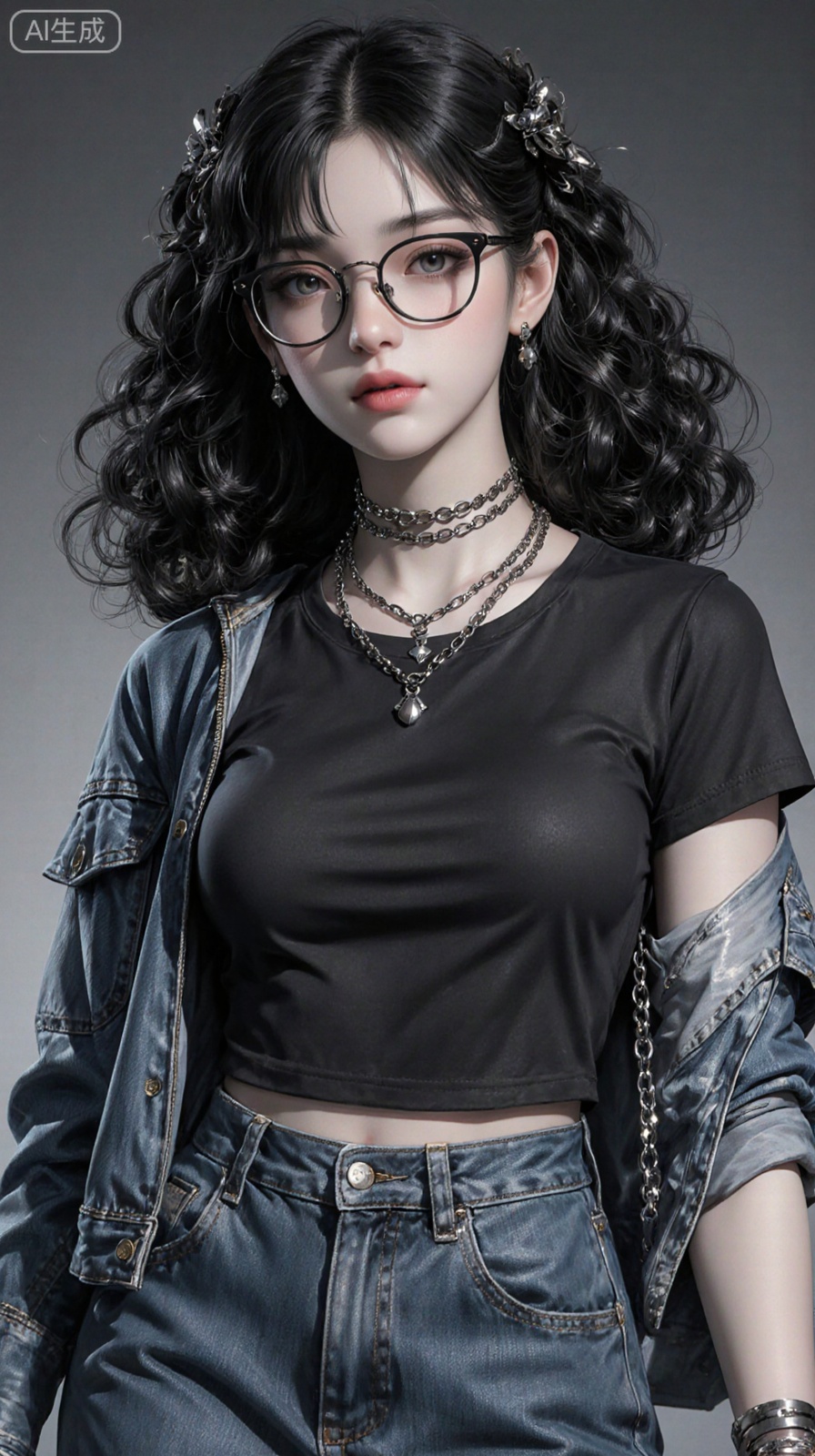Thickly painted beauty, close-up shot of young woman's face, black textured perm hairstyle, delicate facial features, fair skin, cold gray pupils, loose black T-shirt, half-open denim jacket, long denim skirt and metal chain, light lips, cold white skin, 8K ultra-clear, 3D rendering. Semi-thickness painting style highlights texture. It combines dark and punk style elements. The color is brighter, creating a youthful and passionate atmosphere. Accessories such as chains, necklaces and glasses, etc., the background treatment is simple to highlight the main body of the characters, while the characters are rich in details, from hair to accessories, all are exquisite. The overall atmosphere is mysterious and full of rebellious spirit, and the characters' expressions and postures are cold and unruly, conveying a strong personality and rebellious atmosphere. The unique color combination, detailed character design and simple background processing create a visual effect that is both mysterious and rebellious.