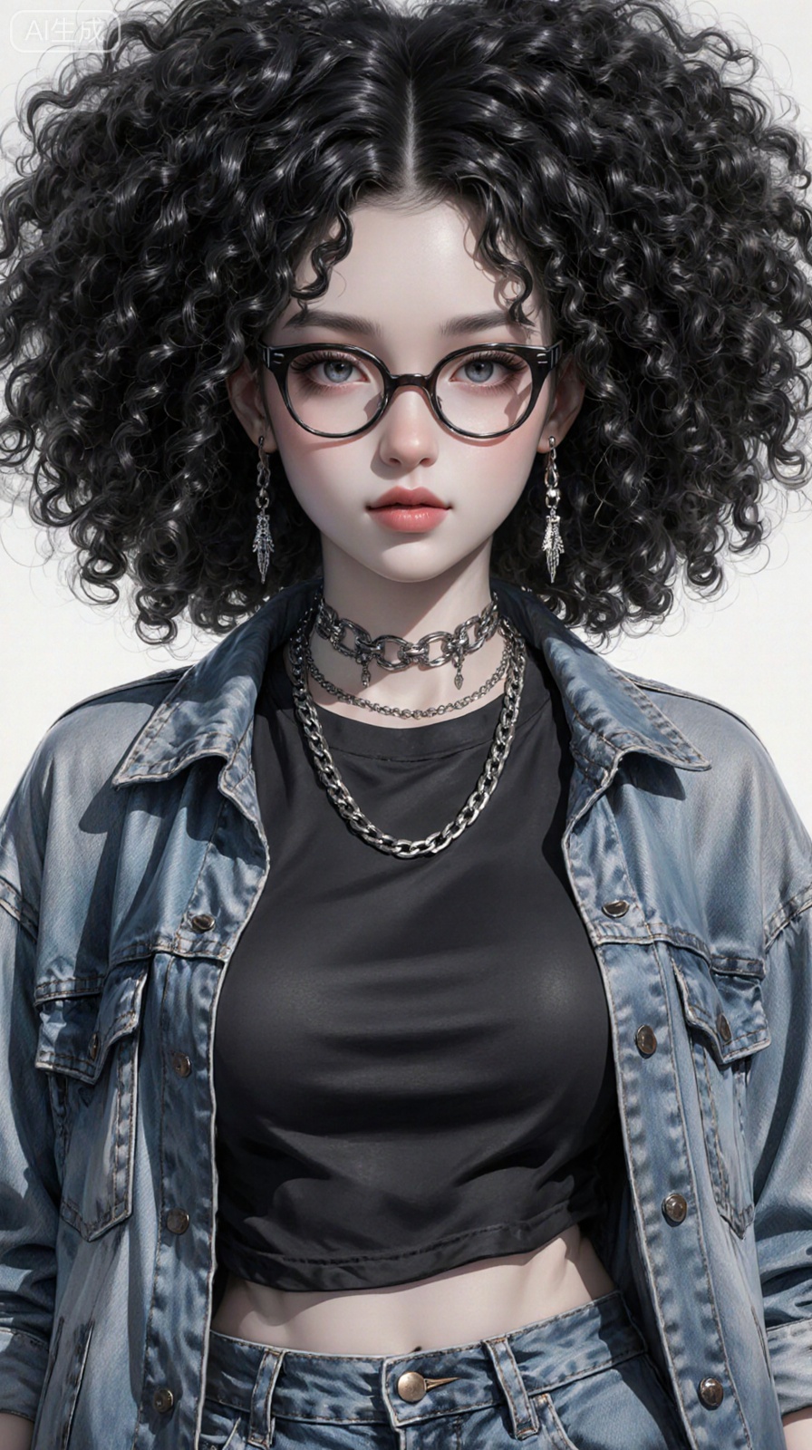 Thickly painted beauty, close-up shot of young woman's face, black textured perm hairstyle, delicate facial features, fair skin, cold gray pupils, loose black T-shirt, half-open denim jacket, long denim skirt and metal chain, light lips, cold white skin, 8K ultra-clear, 3D rendering. Semi-thickness painting style highlights texture. It combines dark and punk style elements. The color is brighter, creating a youthful and passionate atmosphere. Accessories such as chains, necklaces and glasses, etc., the background treatment is simple to highlight the main body of the characters, while the characters are rich in details, from hair to accessories, all are exquisite. The overall atmosphere is mysterious and full of rebellious spirit, and the characters' expressions and postures are cold and unruly, conveying a strong personality and rebellious atmosphere. The unique color combination, detailed character design and simple background processing create a visual effect that is both mysterious and rebellious.