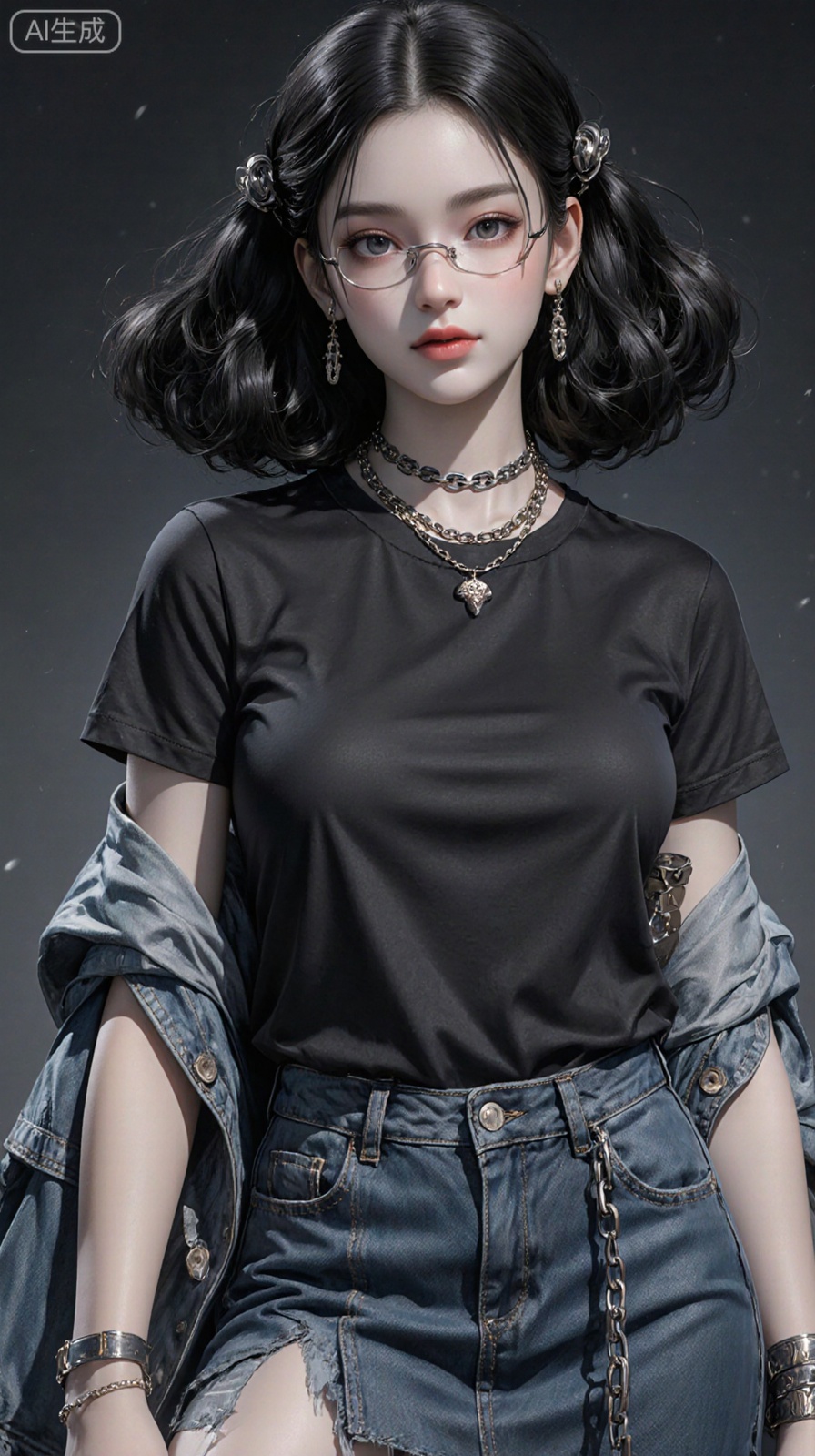Thickly painted beauty, close-up shot of young woman's face, black textured perm hairstyle, delicate facial features, fair skin, cold gray pupils, loose black T-shirt, half-open denim jacket, long denim skirt and metal chain, light lips, cold white skin, 8K ultra-clear, 3D rendering. Semi-thickness painting style highlights texture. It combines dark and punk style elements. The color is brighter, creating a youthful and passionate atmosphere. Accessories such as chains, necklaces and glasses, etc., the background treatment is simple to highlight the main body of the characters, while the characters are rich in details, from hair to accessories, all are exquisite. The overall atmosphere is mysterious and full of rebellious spirit, and the characters' expressions and postures are cold and unruly, conveying a strong personality and rebellious atmosphere. The unique color combination, detailed character design and simple background processing create a visual effect that is both mysterious and rebellious.