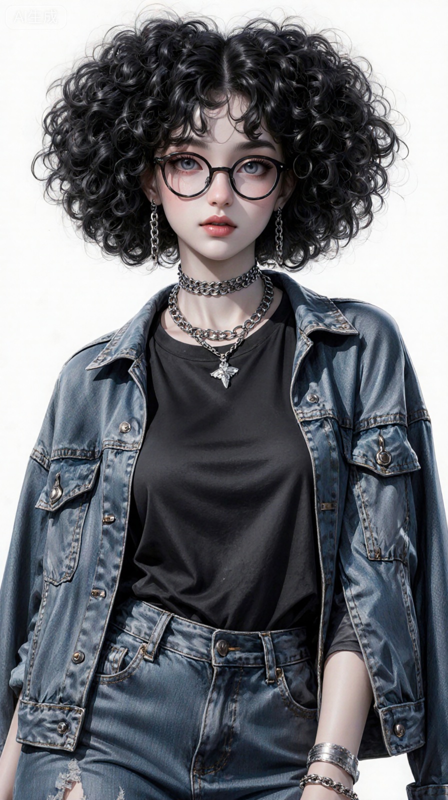 Thickly painted beauty, close-up shot of young woman's face, black textured perm hairstyle, delicate facial features, fair skin, cold gray pupils, loose black T-shirt, half-open denim jacket, long denim skirt and metal chain, light lips, cold white skin, 8K ultra-clear, 3D rendering. Semi-thickness painting style highlights texture. It combines dark and punk style elements. The color is brighter, creating a youthful and passionate atmosphere. Accessories such as chains, necklaces and glasses, etc., the background treatment is simple to highlight the main body of the characters, while the characters are rich in details, from hair to accessories, all are exquisite. The overall atmosphere is mysterious and full of rebellious spirit, and the characters' expressions and postures are cold and unruly, conveying a strong personality and rebellious atmosphere. The unique color combination, detailed character design and simple background processing create a visual effect that is both mysterious and rebellious.