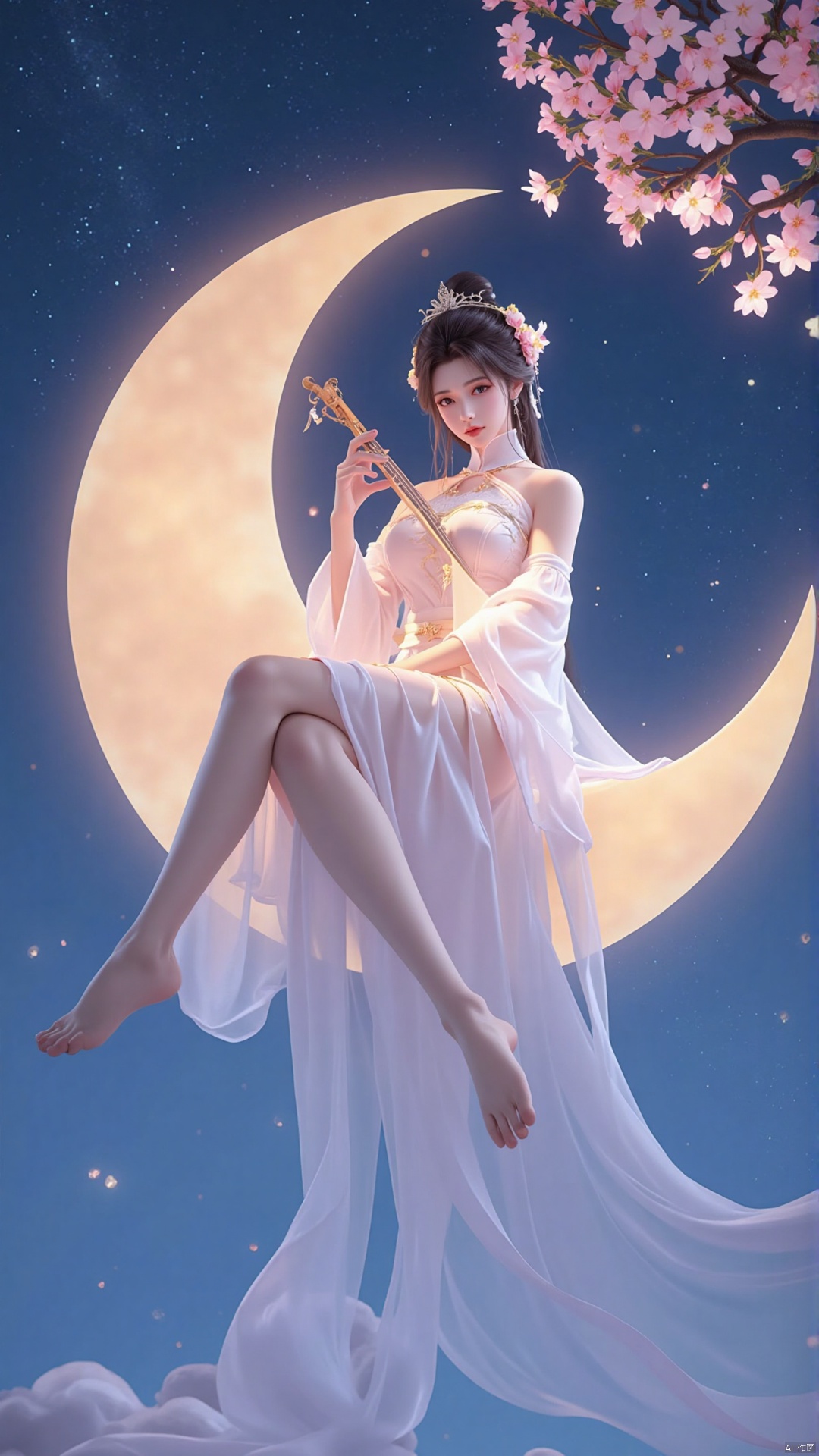 Yue Chan sitting on a crescent moon, playing a celestial guqin with delicate movements. Her white robes blend seamlessly with the moon's soft glow, and her long hair flows gracefully. The background is a starry sky dotted with glowing cherry blossoms, creating a harmonious and enchanting scene."