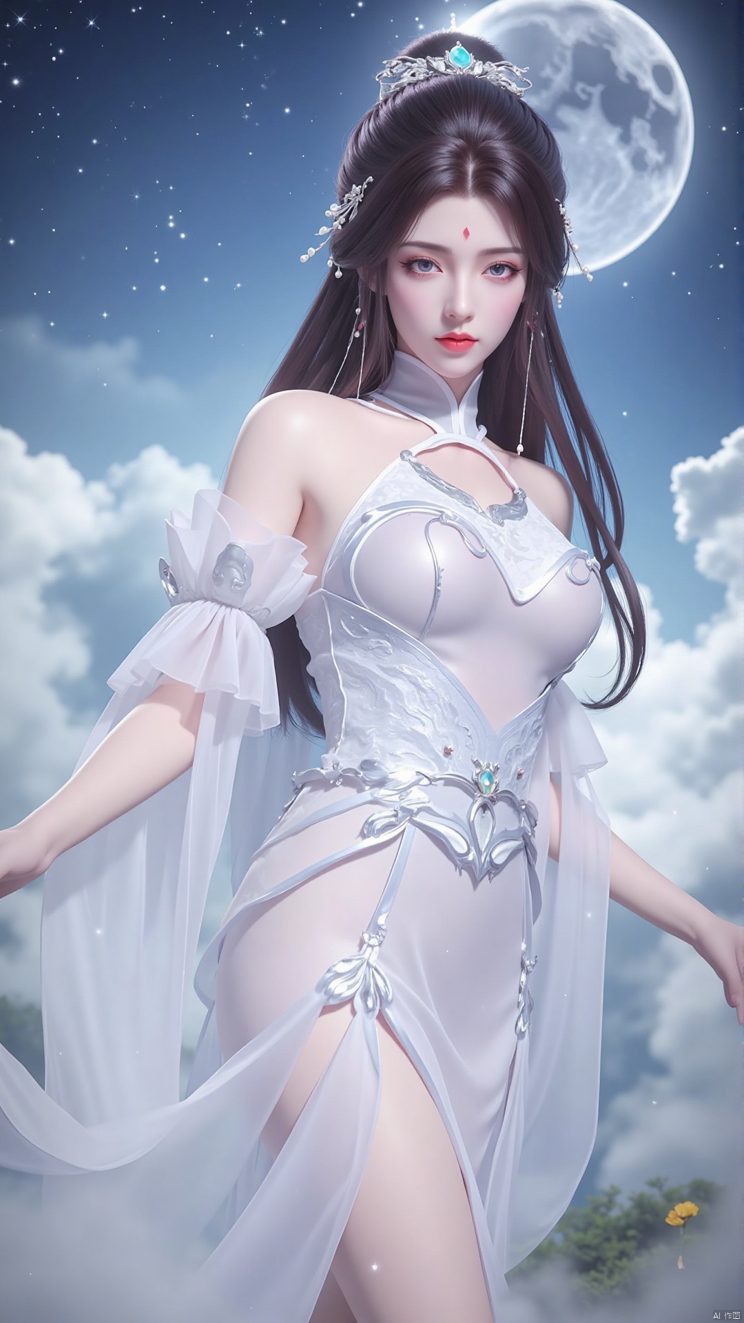 Moon Zen Fairy, clad in flowing white dress, hem light as clouds, sleeves embroidered with cranes and clouds, noble and mysterious. Long hair cascades, pearl and jade hairpin adorns, eyes clear with starlight, lips soft as cherry, forehead marked with celestial symbol. Misty clouds and starry sky background, moonlight bathing, ethereal and sacred."