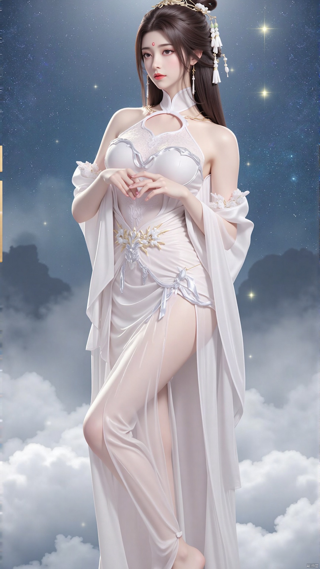Moon Zen Fairy, clad in flowing white dress, hem light as clouds, sleeves embroidered with cranes and clouds, noble and mysterious. Long hair cascades, pearl and jade hairpin adorns, eyes clear with starlight, lips soft as cherry, forehead marked with celestial symbol. Misty clouds and starry sky background, moonlight bathing, ethereal and sacred."