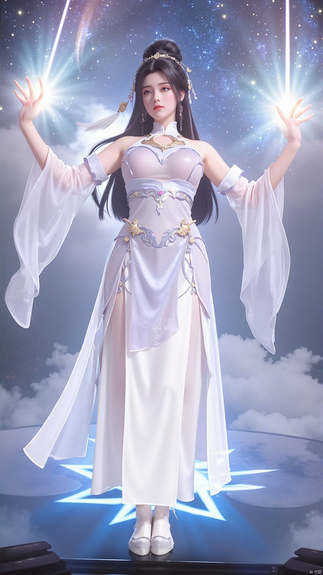 "Yue Chan with outstretched arms, summoning a radiant beam of celestial energy from her palms. Her white robes and long hair are illuminated by the glowing light, and her eyes glow with determination. The background is a swirling vortex of stars and clouds, symbolizing her immense power and connection to the cosmos."
