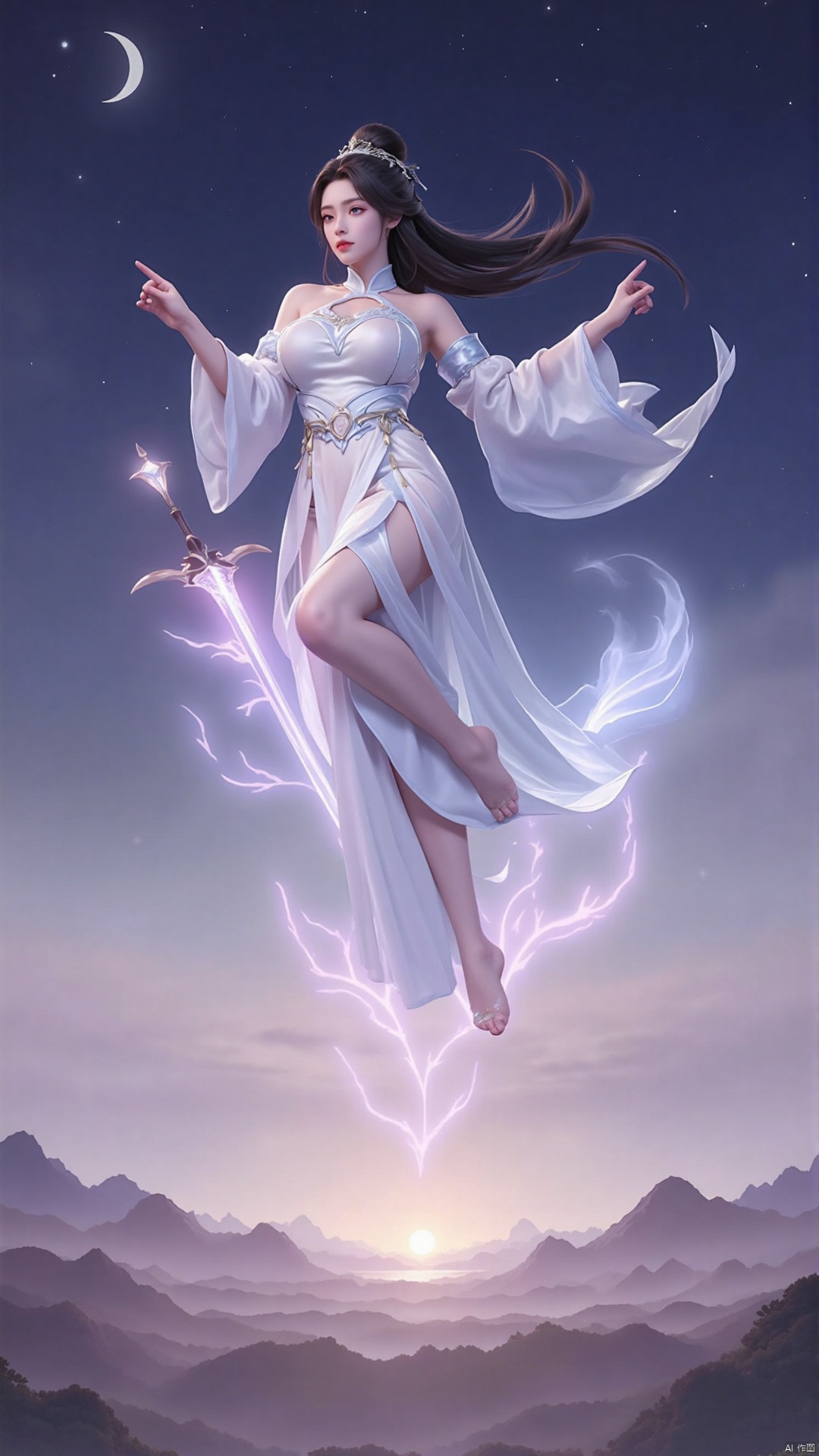 "Yue Chan in mid-air, standing on a glowing celestial sword, her white robes fluttering as she glides through a starry sky. Her long hair is swept back by the wind, her eyes focused on the horizon. The background is a panoramic view of rolling mountains and a crescent moon, creating a sense of boundless freedom and power."