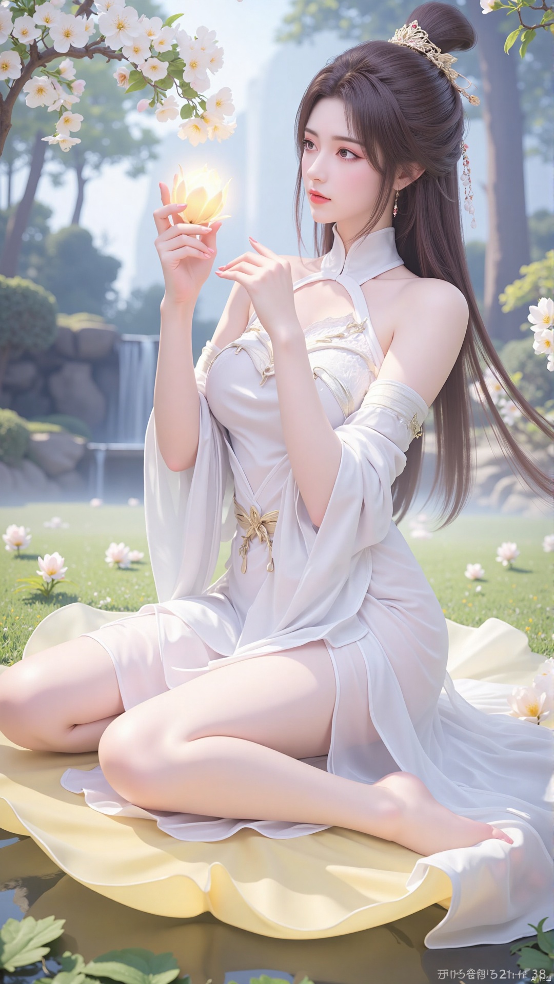 Yue Chan kneeling gently on a floating lotus petal, her fingers lightly touching a glowing cherry blossom. Her white robes and long hair float softly in the ethereal breeze. The background is a peaceful garden of luminous flowers and a gentle waterfall, evoking a sense of tranquility and introspection."