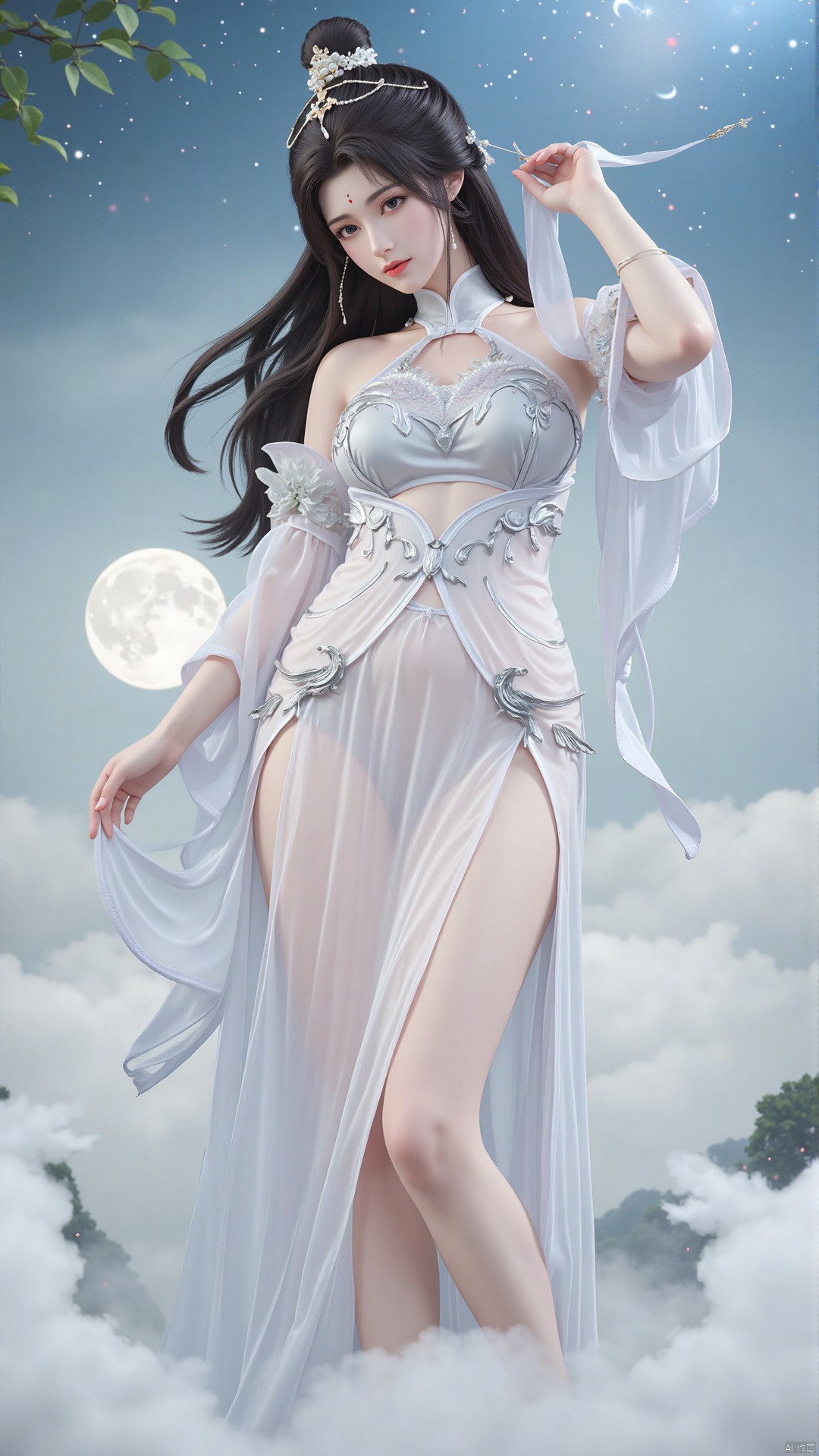 Moon Zen Fairy, clad in flowing white dress, hem light as clouds, sleeves embroidered with cranes and clouds, noble and mysterious. Long hair cascades, pearl and jade hairpin adorns, eyes clear with starlight, lips soft as cherry, forehead marked with celestial symbol. Misty clouds and starry sky background, moonlight bathing, ethereal and sacred."