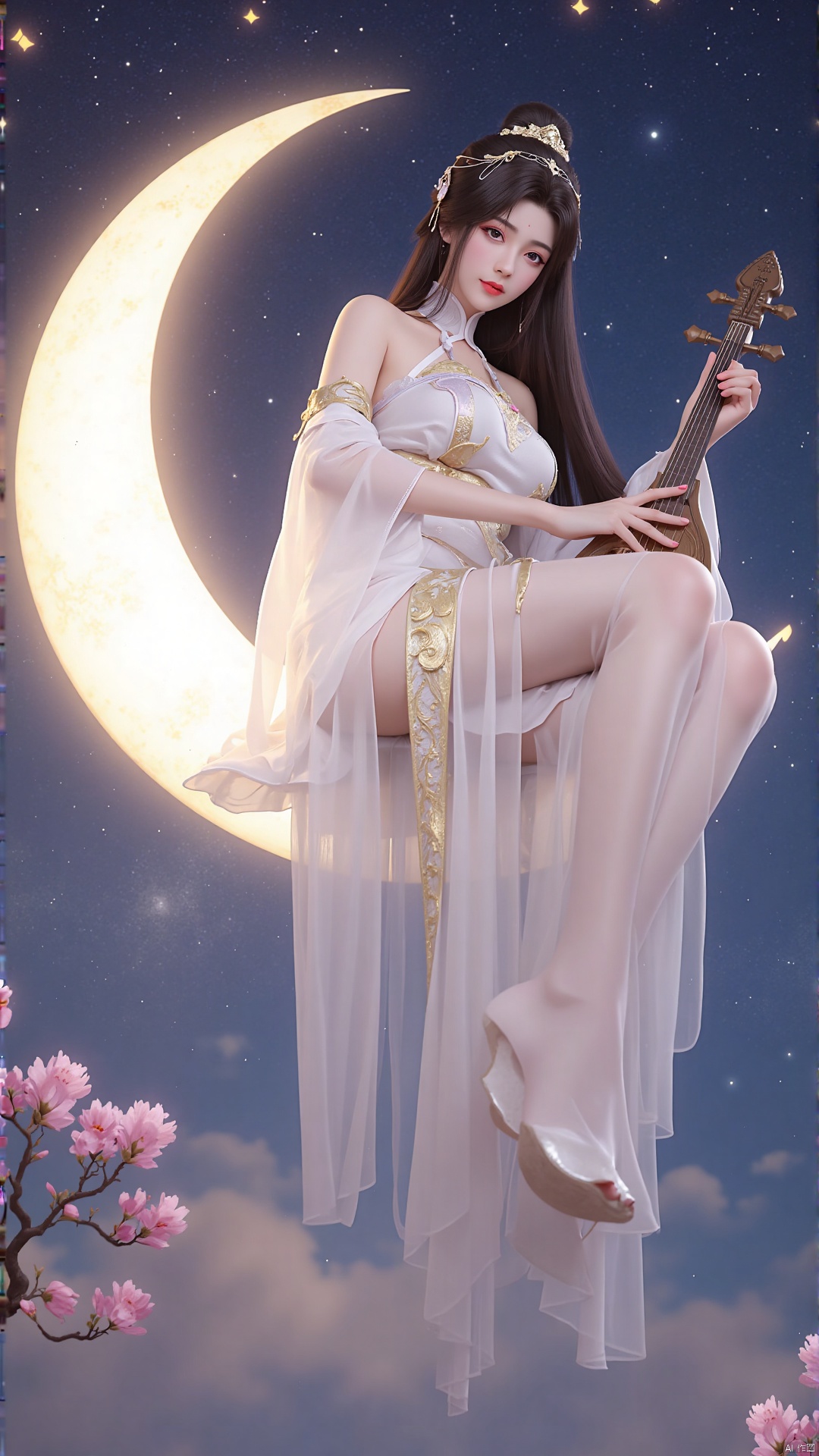 Yue Chan sitting on a crescent moon, playing a celestial guqin with delicate movements. Her white robes blend seamlessly with the moon's soft glow, and her long hair flows gracefully. The background is a starry sky dotted with glowing cherry blossoms, creating a harmonious and enchanting scene."