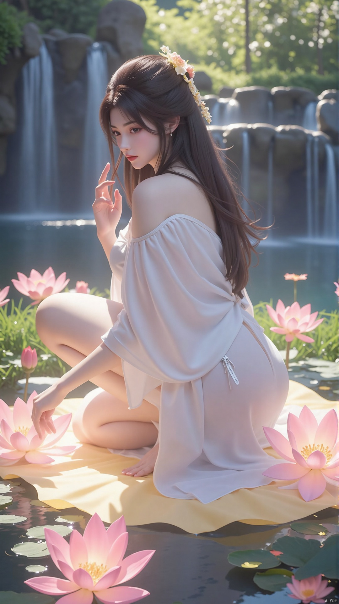 Yue Chan kneeling gently on a floating lotus petal, her fingers lightly touching a glowing cherry blossom. Her white robes and long hair float softly in the ethereal breeze. The background is a peaceful garden of luminous flowers and a gentle waterfall, evoking a sense of tranquility and introspection."