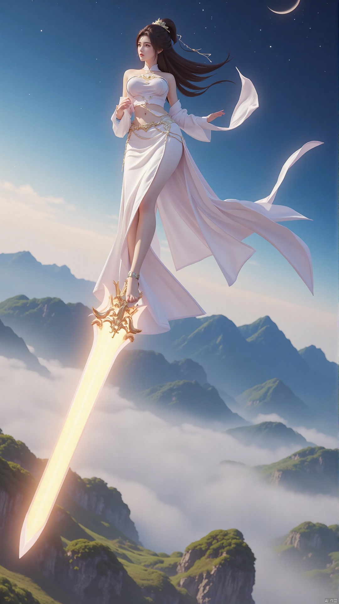 "Yue Chan in mid-air, standing on a glowing celestial sword, her white robes fluttering as she glides through a starry sky. Her long hair is swept back by the wind, her eyes focused on the horizon. The background is a panoramic view of rolling mountains and a crescent moon, creating a sense of boundless freedom and power."