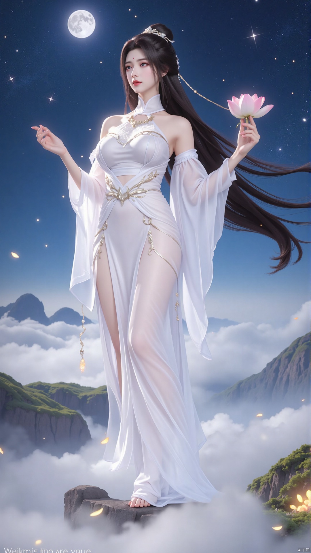 Yue Chan standing gracefully on a floating cloud platform, her white robes flowing in the wind, surrounded by luminous mist and twinkling stars. Her long black hair cascades down, adorned with a pearl hairpin. She holds a celestial lotus in her hands, her serene expression radiating purity and divinity. The background is a vast starry night sky, with soft moonlight illuminating her ethereal form."