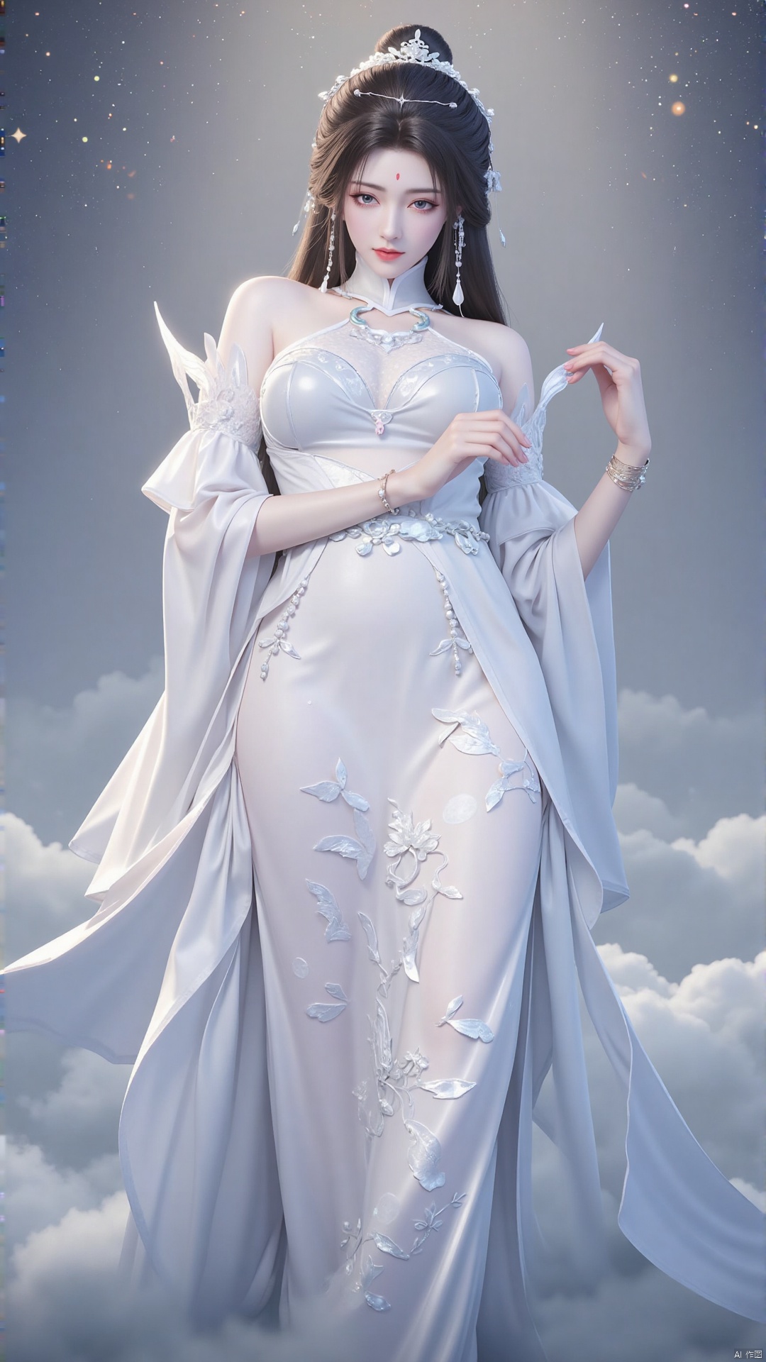 Moon Zen Fairy, clad in flowing white dress, hem light as clouds, sleeves embroidered with cranes and clouds, noble and mysterious. Long hair cascades, pearl and jade hairpin adorns, eyes clear with starlight, lips soft as cherry, forehead marked with celestial symbol. Misty clouds and starry sky background, moonlight bathing, ethereal and sacred."