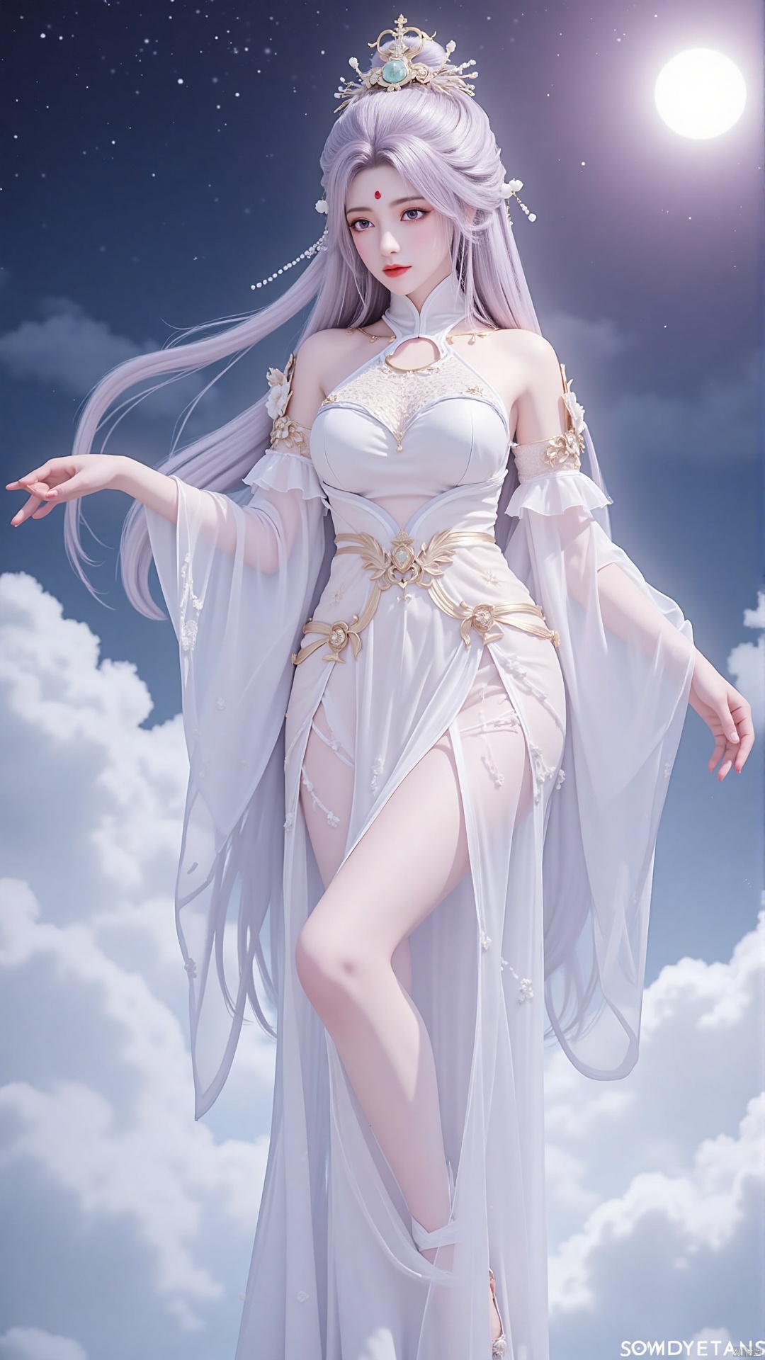 Moon Zen Fairy, clad in flowing white dress, hem light as clouds, sleeves embroidered with cranes and clouds, noble and mysterious. Long hair cascades, pearl and jade hairpin adorns, eyes clear with starlight, lips soft as cherry, forehead marked with celestial symbol. Misty clouds and starry sky background, moonlight bathing, ethereal and sacred."