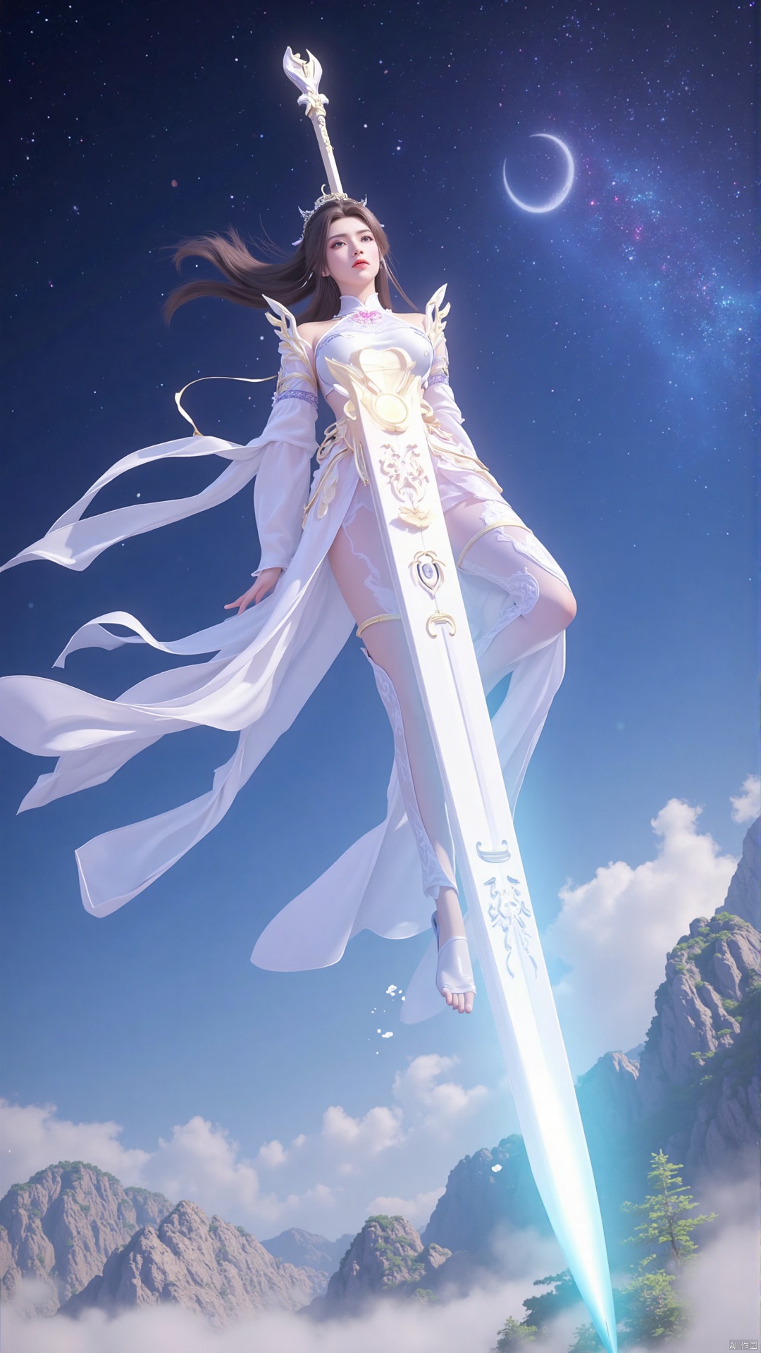 "Yue Chan in mid-air, standing on a glowing celestial sword, her white robes fluttering as she glides through a starry sky. Her long hair is swept back by the wind, her eyes focused on the horizon. The background is a panoramic view of rolling mountains and a crescent moon, creating a sense of boundless freedom and power."