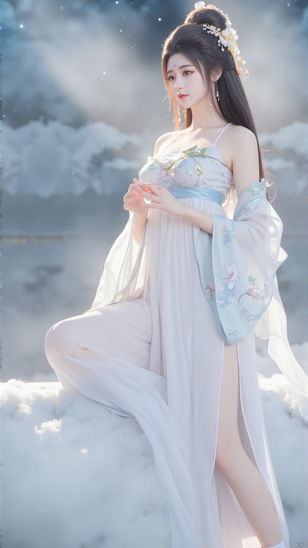 Moon Zen Fairy, clad in flowing white dress, hem light as clouds, sleeves embroidered with cranes and clouds, noble and mysterious. Long hair cascades, pearl and jade hairpin adorns, eyes clear with starlight, lips soft as cherry, forehead marked with celestial symbol. Misty clouds and starry sky background, moonlight bathing, ethereal and sacred."