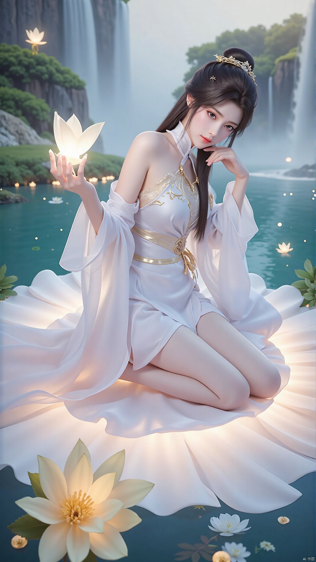 Yue Chan kneeling gently on a floating lotus petal, her fingers lightly touching a glowing cherry blossom. Her white robes and long hair float softly in the ethereal breeze. The background is a peaceful garden of luminous flowers and a gentle waterfall, evoking a sense of tranquility and introspection."