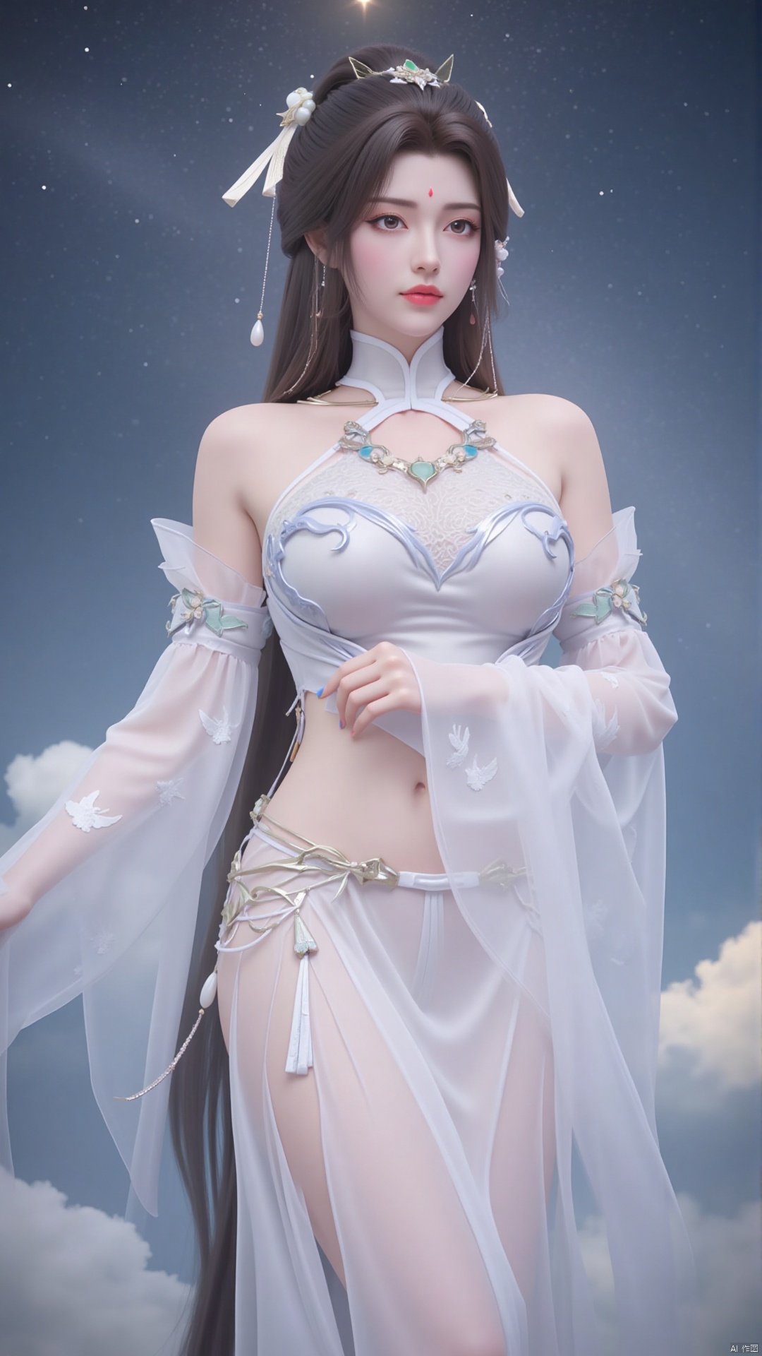 Moon Zen Fairy, clad in flowing white dress, hem light as clouds, sleeves embroidered with cranes and clouds, noble and mysterious. Long hair cascades, pearl and jade hairpin adorns, eyes clear with starlight, lips soft as cherry, forehead marked with celestial symbol. Misty clouds and starry sky background, moonlight bathing, ethereal and sacred."