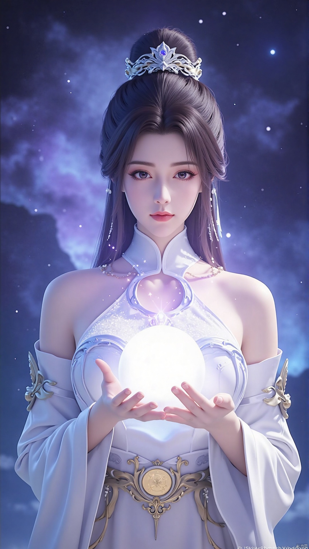 "Yue Chan holding a glowing orb of stars in her hands, her white robes and long hair shimmering under the celestial light. Her serene expression reflects the timeless beauty of the universe. The background is a vast cosmic expanse, with galaxies and nebulae swirling around her."

中文提示词：