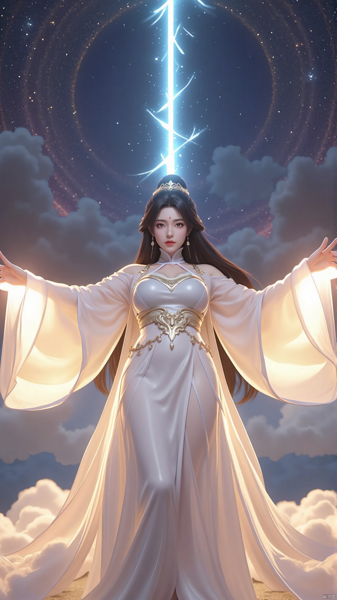 "Yue Chan with outstretched arms, summoning a radiant beam of celestial energy from her palms. Her white robes and long hair are illuminated by the glowing light, and her eyes glow with determination. The background is a swirling vortex of stars and clouds, symbolizing her immense power and connection to the cosmos."