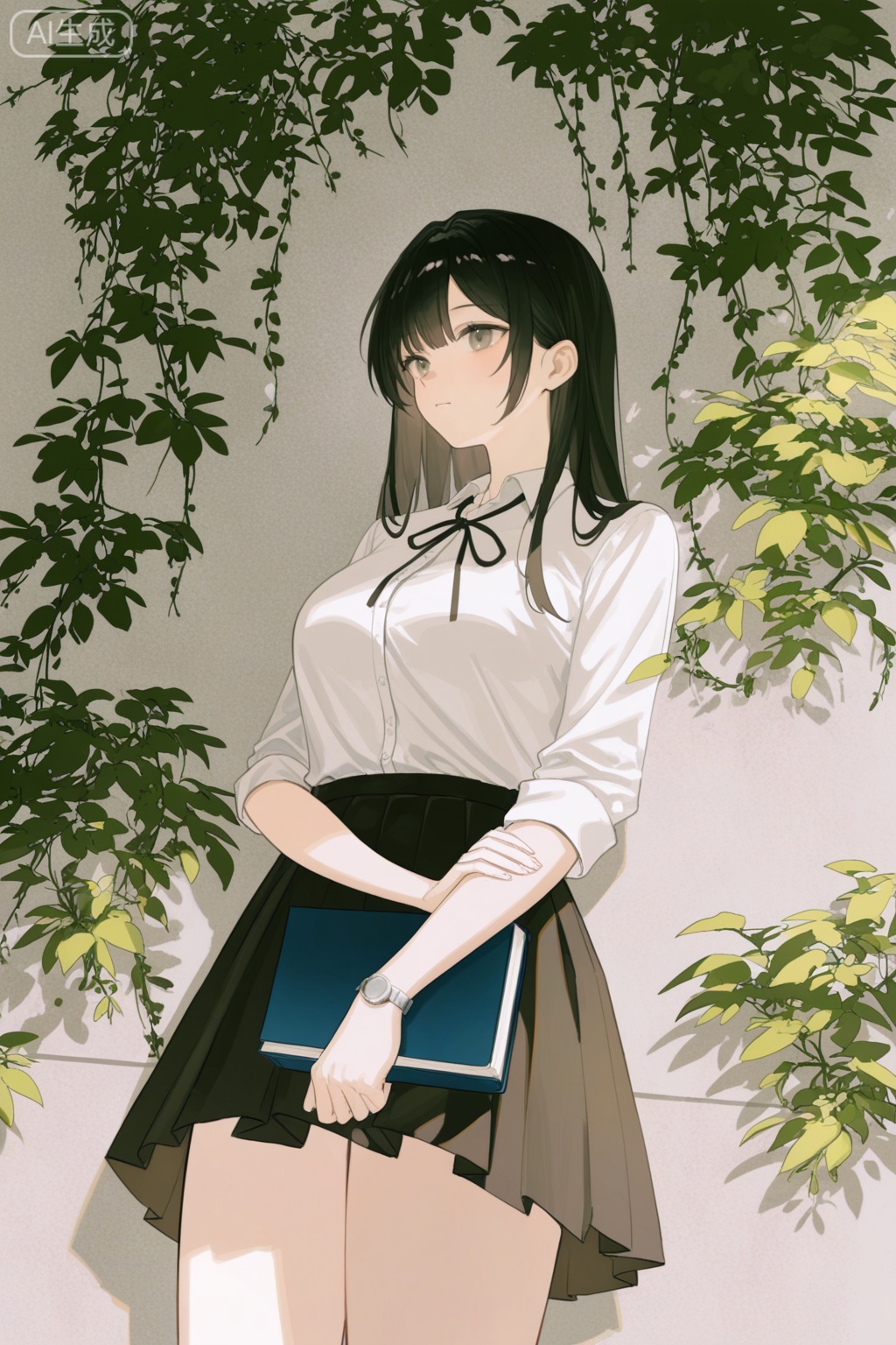 photograph of an east asian woman with fair skin and shoulder-length black hair, standing in a sunlit garden, she is wearing a white short-sleeved blouse and high-waisted gray pleated skirt, she holds a light-colored book in her hands, positioned at her waist, a silver wristwatch adorns her left wrist, sunlight filters through green leaves above, casting shadows on her face and creating a contrast between light and dark areas, the background is dark, with indistinct foliage and a white fence partially visible, the overall mood is serene and contemplative, with natural light highlighting her calm expression.
professional photoshoot, sexy poselilandavastyle, OverallDetail, Expressiveh, BREAK, (pale skin:1.2),very pale skin,(white skin:1.2),real skin,better picture quality,xiaohongshu_style,