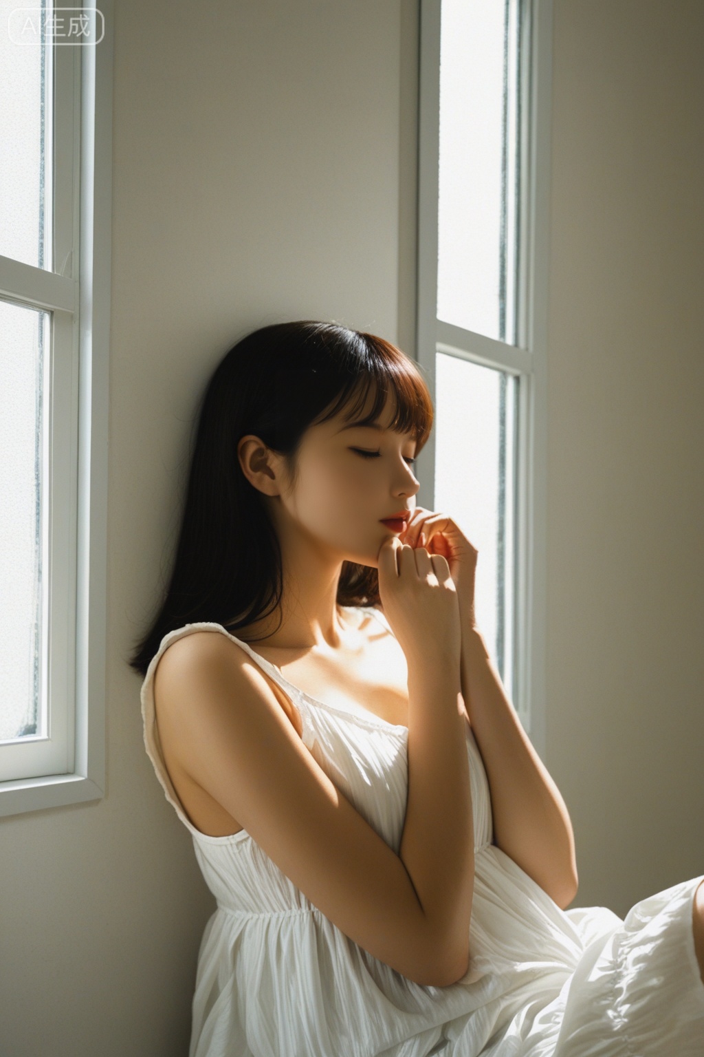 photograph of an asian woman with long, straight black hair, sitting near a sunlit window, she has a fair complexion and a slender build, she wears a white, sleeveless, cotton dress with thin straps, her hair is partially held up by her right hand, and she gazes directly at the camera with a neutral expression, the sunlight casts soft shadows on her face and dress, the background includes a wooden window frame and a beige wall, the image has a warm, natural light and a slightly grainy texture, evoking a serene, morning atmosphere, the focus is on her upper body, with the window and wall in soft focus, alluring and innocent girl photography photo,ultimate light and shadow aesthetics, film photography graininess,overexposure, fujifilm effect