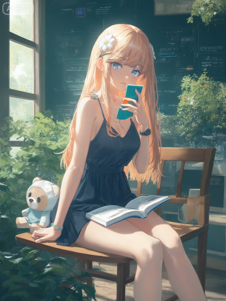 1girl, solo, long hair, looking at viewer, bangs, skirt, blonde hair, hair ornament, dress, holding, jewelry, sitting, flower, hair flower, bracelet, english text, book, window, chair, phone, stuffed toy, plant, watch, open book, wristwatch, vines
  ,masterpiece, best quality, high quality, extremely detailed CG unity 8k wallpaper, extremely detailed, High Detail, vibrant colors, anime style, cover art,(artist:quasarcake:0.8),extreme aesthetic,(wlop:0.6),masterpiece,best quality,good quality,newest,very aesthetic,absurdres,Visual impact,32K UHD,sharp focus,(mogumo:1.1),(good hands, nice hands:0.5),impactful picture,offcial art, 