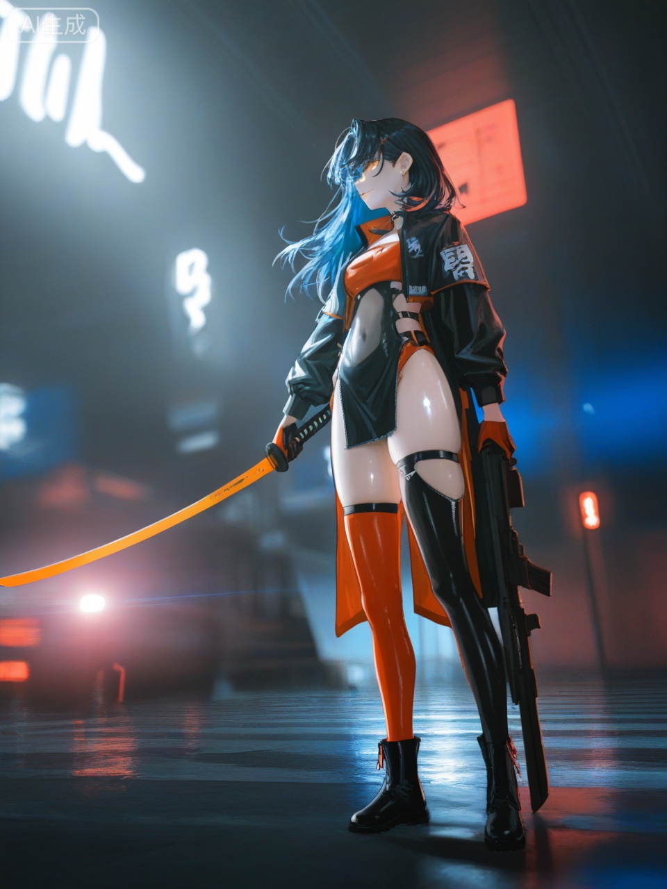 long hair, short hair, black hair, thighhighs, gloves, holding, 2girls, sitting, blue hair, standing, weapon, boots, sword, holding weapon, holding sword, building,masterpiece,best quality,high quality,overexposure,chromatic_aberration,light,fair_skin, very aesthetic,absurdres, masterpiece, amazing quality,(aestivation:0.4),(nasii:0.4),(toosaka asagi:0.4),(atdan:0.4),(artist:quasarcake:0.8),(iumu:0.72),(wlop:0.72),96YOTTEA,Konya Karasue, //, depth of field,detailed light,blurry background,best shadow,shiny skin,cinematic lighting,ray tracing, amazing quality, very aesthetic, absurdres, best quality, ultra detailed, newest,8K,HDR