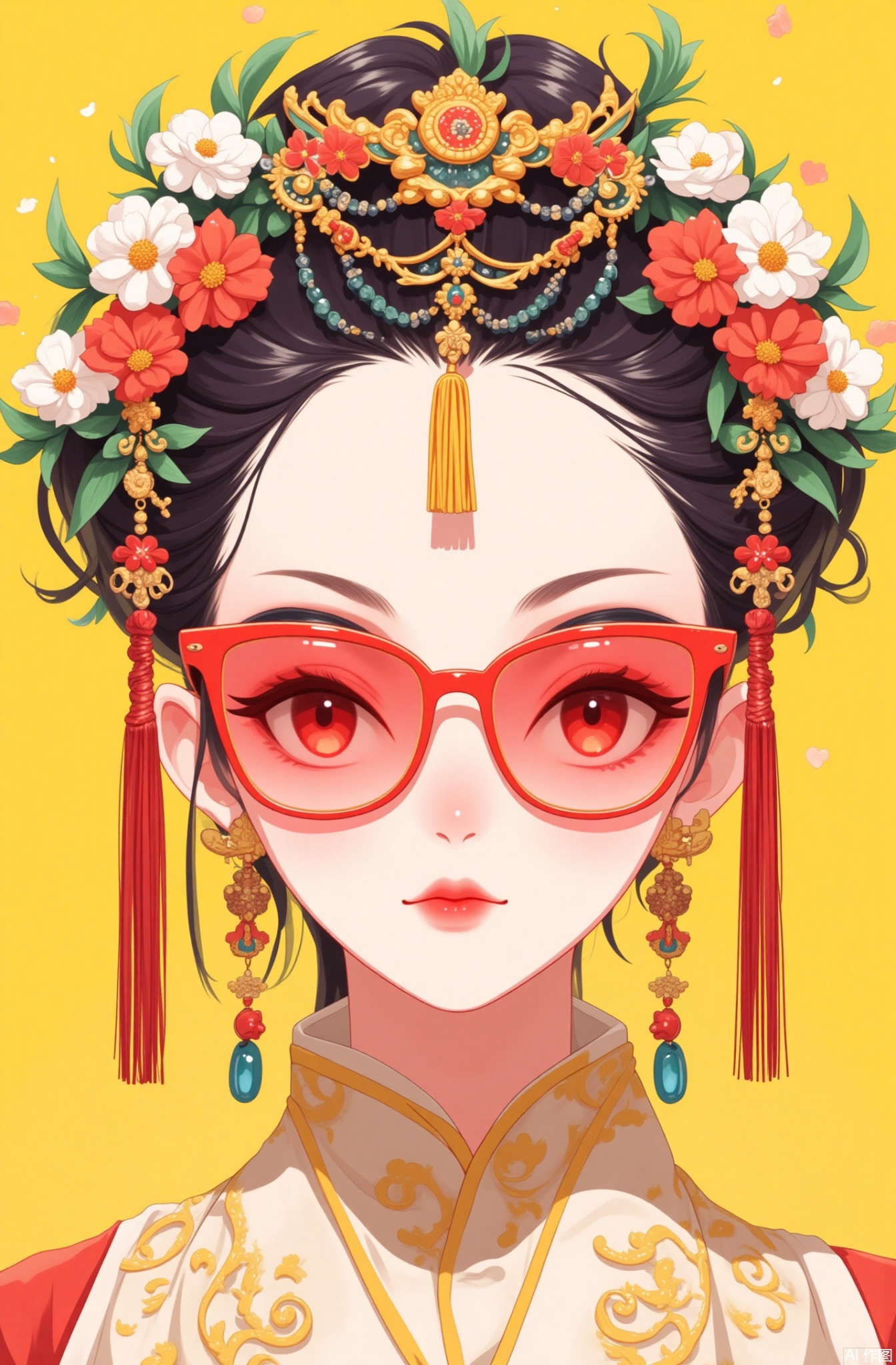 1girl, solo, jewelry, earrings, black hair, portrait, flower, red lips, parted lips, chinese clothes, yellow background, white flower, hair ornament, red eyes, looking at viewer, sunglasses, simple background, tassel, leaf, hair flower, tinted eyewear