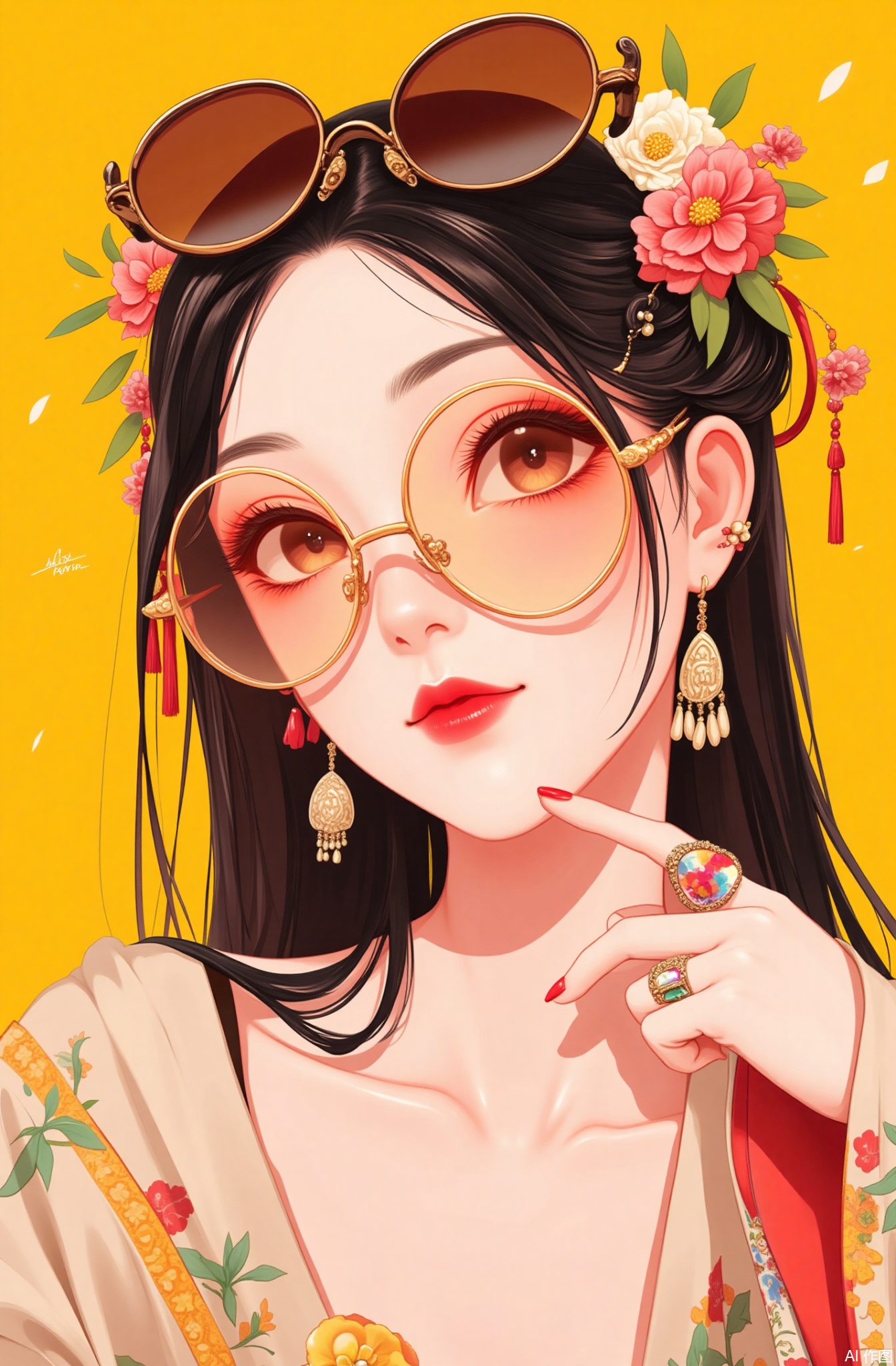 1girl, jewelry, solo, earrings, black hair, red lips, looking at viewer, long hair, sunglasses, ring, flower, tinted eyewear, hair ornament, chinese clothes, yellow background, portrait, hand up, lipstick, round eyewear