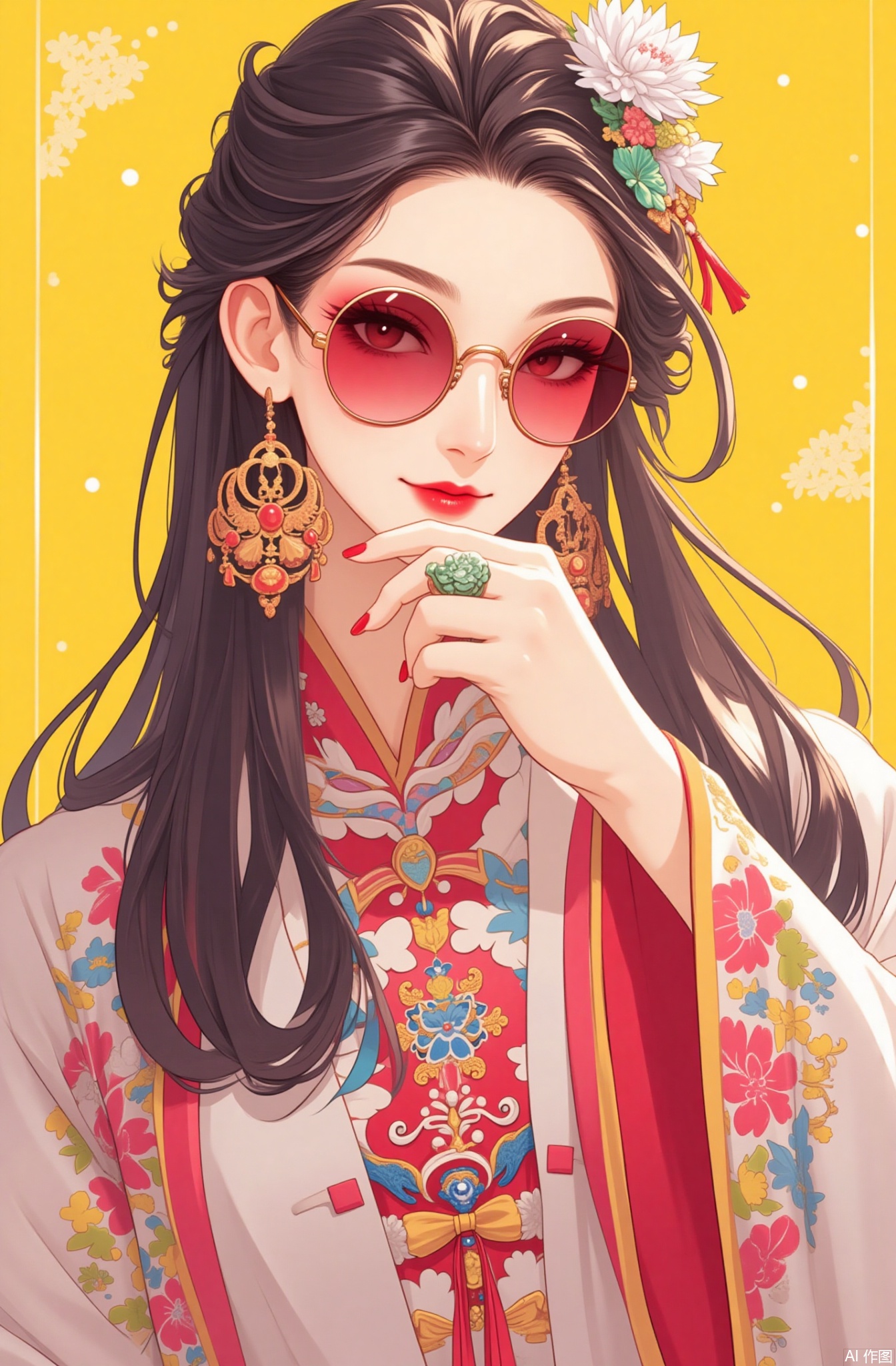 1girl, jewelry, solo, earrings, black hair, red lips, looking at viewer, long hair, sunglasses, ring, flower, tinted eyewear, hair ornament, chinese clothes, yellow background, portrait, hand up, lipstick, round eyewear