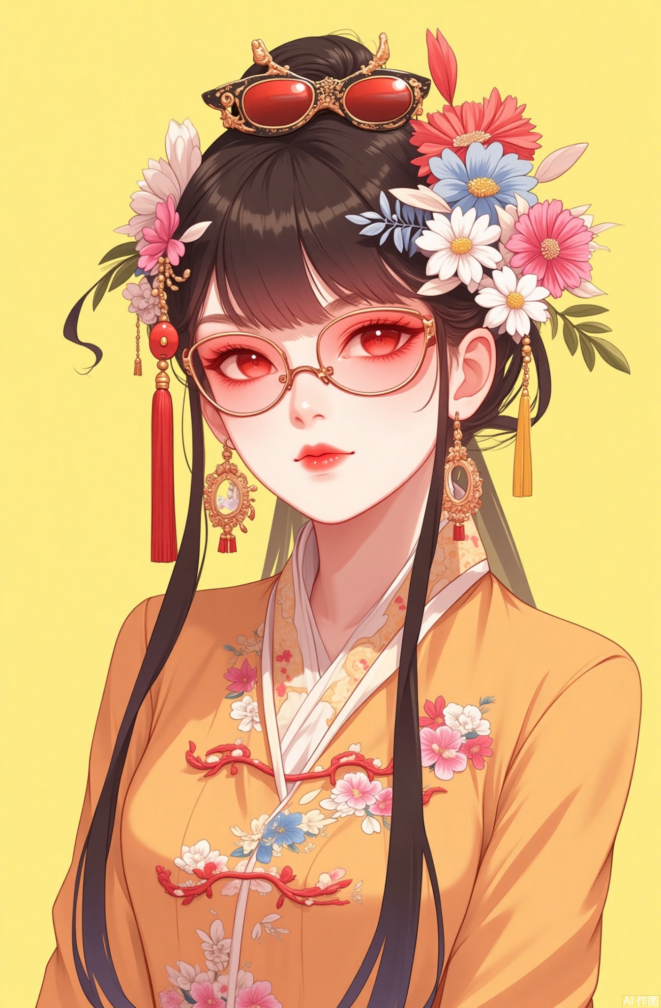 1girl, solo, jewelry, earrings, black hair, portrait, flower, red lips, parted lips, chinese clothes, yellow background, white flower, hair ornament, red eyes, looking at viewer, sunglasses, simple background, tassel, leaf, hair flower, tinted eyewear