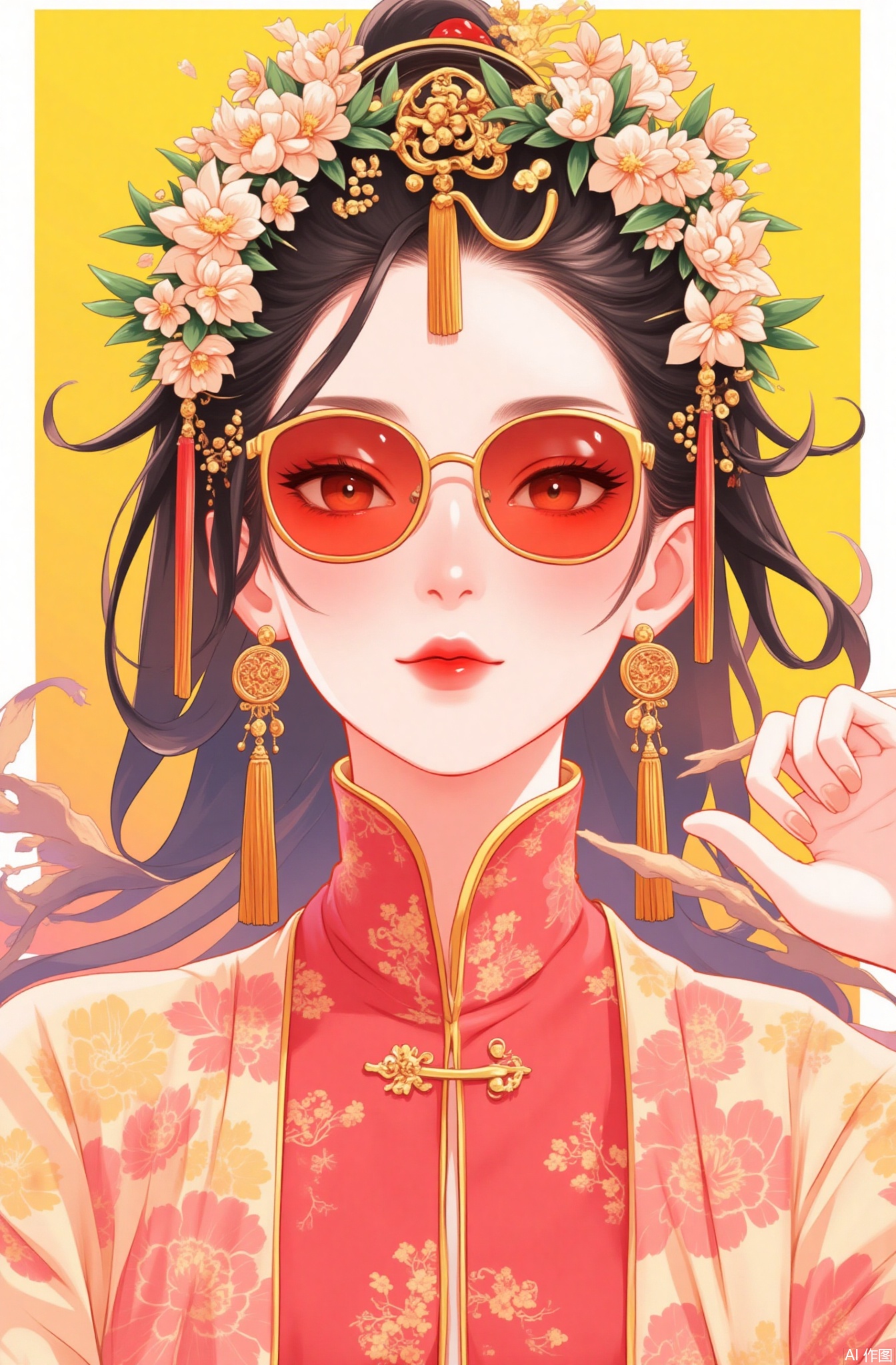 1girl, solo, jewelry, earrings, black hair, portrait, flower, red lips, parted lips, chinese clothes, yellow background, white flower, hair ornament, red eyes, looking at viewer, sunglasses, simple background, tassel, leaf, hair flower, tinted eyewear