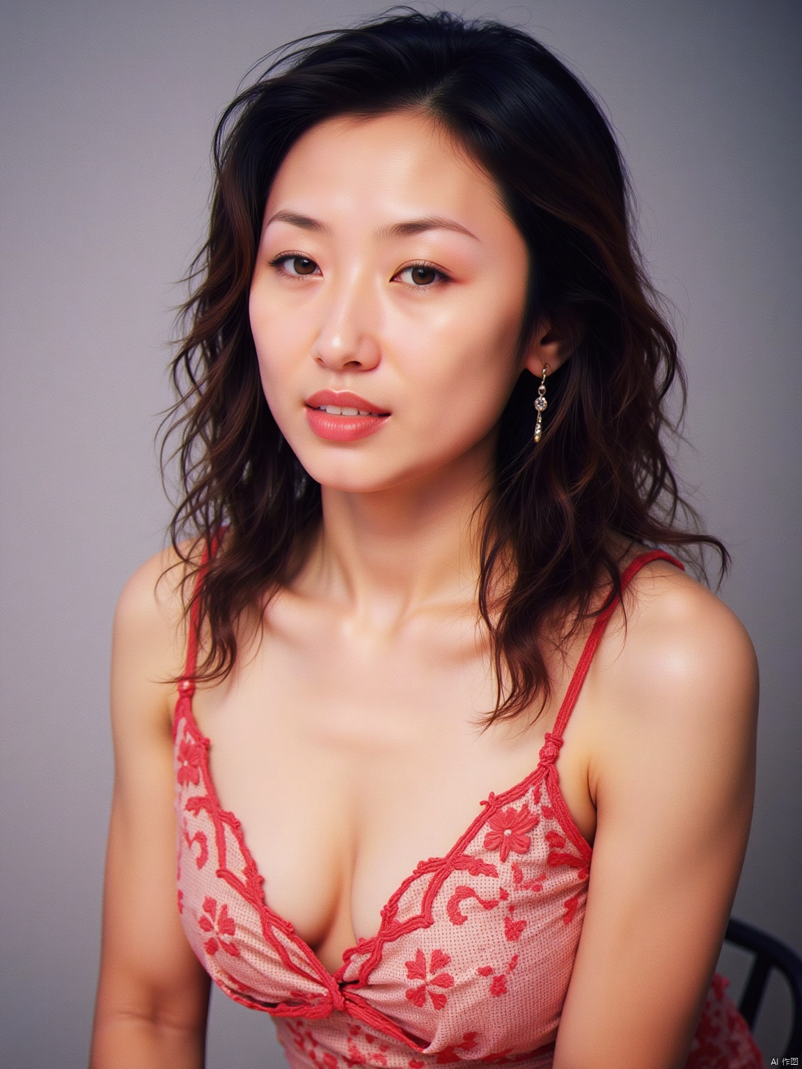Soft focus on a ravishing woman's face,Side-swept curls,upped body,cleavage,Red embroidered pajamas, capturing every detail of her porcelain-like skin. The Kodak camera captures the subtle play of light and shadow across her features, accentuating the gentle curves of her cheeks and the delicate shape of her eyes. Her full face fills the frame, inviting the viewer to linger on her alluring expression.