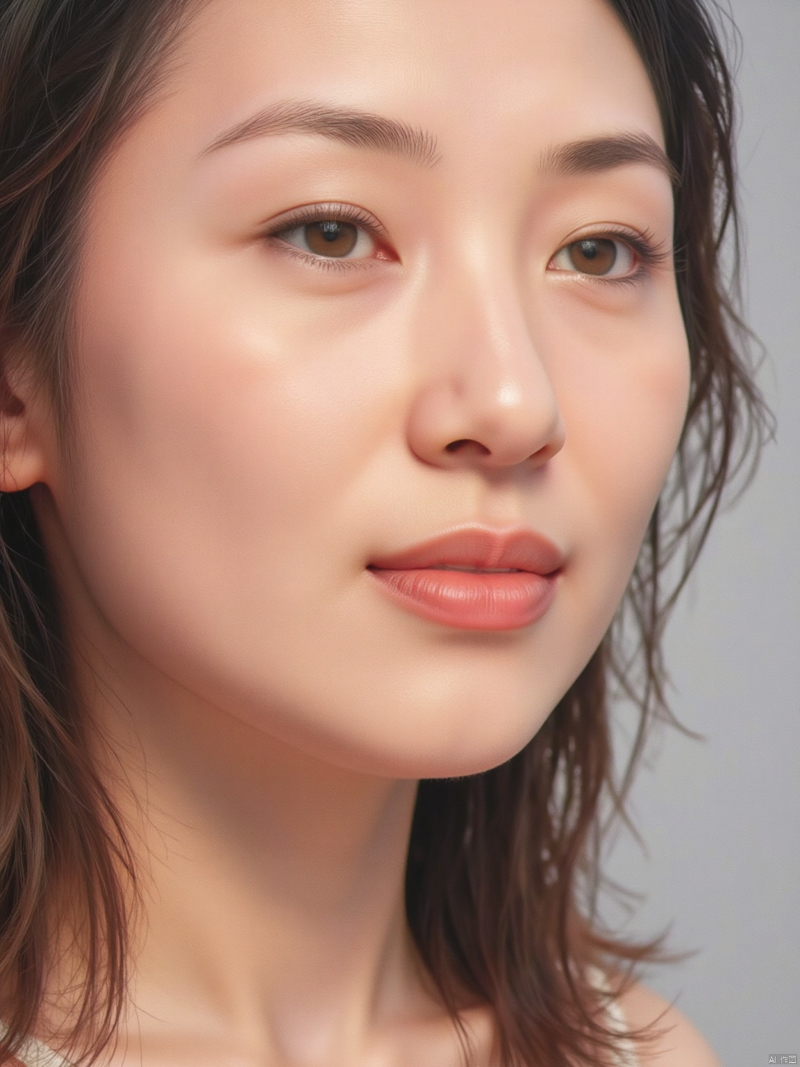 Soft focus on a ravishing woman's face, capturing every detail of her porcelain-like skin. The Kodak camera captures the subtle play of light and shadow across her features, accentuating the gentle curves of her cheeks and the delicate shape of her eyes. Her full face fills the frame, inviting the viewer to linger on her alluring expression.