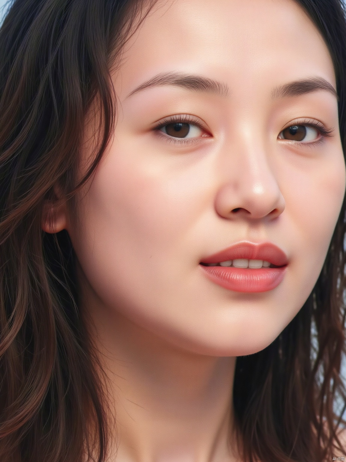 Soft focus on a ravishing woman's face, capturing every detail of her porcelain-like skin. The Kodak camera captures the subtle play of light and shadow across her features, accentuating the gentle curves of her cheeks and the delicate shape of her eyes. Her full face fills the frame, inviting the viewer to linger on her alluring expression.