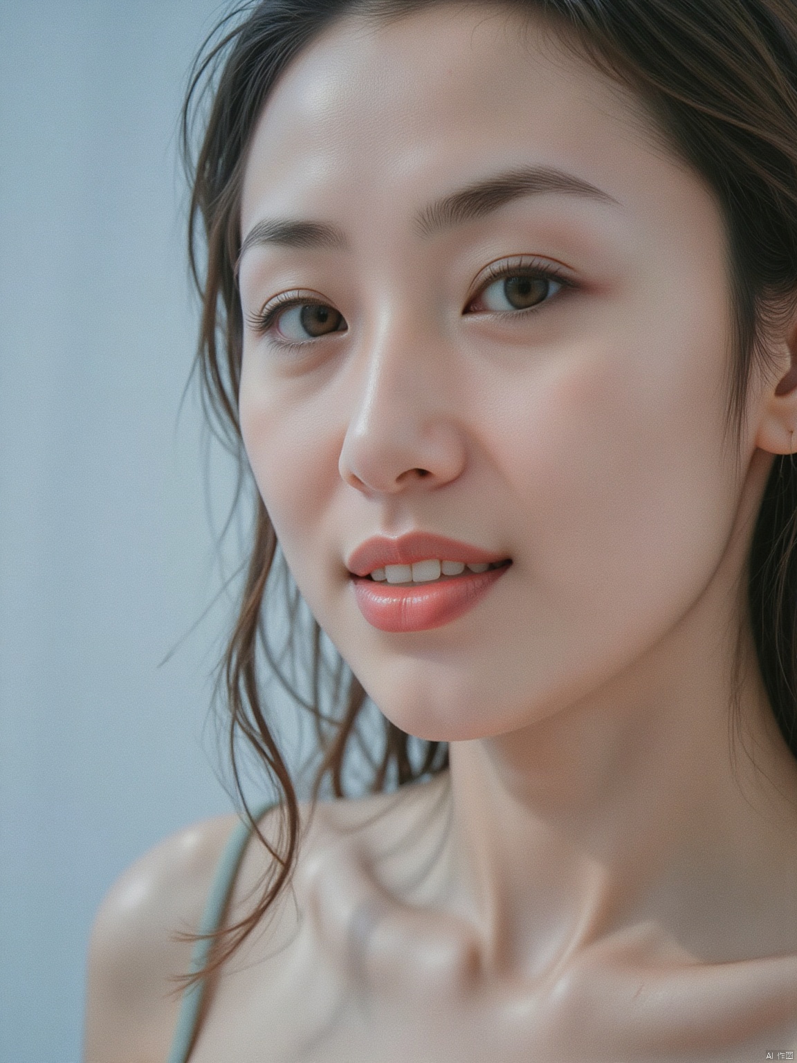 Soft focus on a ravishing woman's face,Side-swept curls, capturing every detail of her porcelain-like skin. The Kodak camera captures the subtle play of light and shadow across her features, accentuating the gentle curves of her cheeks and the delicate shape of her eyes. Her full face fills the frame, inviting the viewer to linger on her alluring expression.