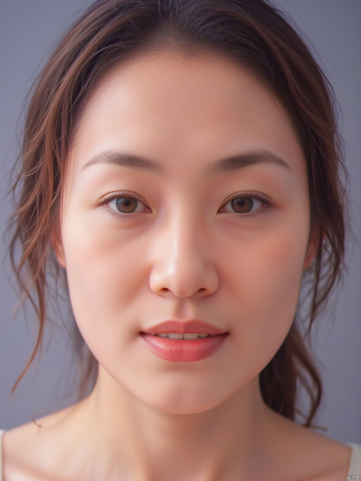 Soft focus on a ravishing woman's face, capturing every detail of her porcelain-like skin. The Kodak camera captures the subtle play of light and shadow across her features, accentuating the gentle curves of her cheeks and the delicate shape of her eyes. Her full face fills the frame, inviting the viewer to linger on her alluring expression.
