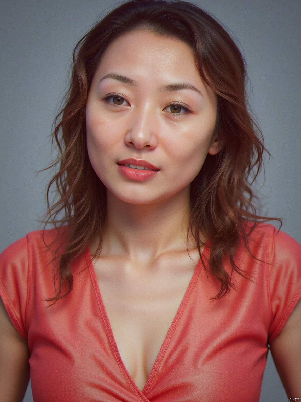 Soft focus on a ravishing woman's face,Side-swept curls,upped body,cleavage,Red embroidered pajamas, capturing every detail of her porcelain-like skin. The Kodak camera captures the subtle play of light and shadow across her features, accentuating the gentle curves of her cheeks and the delicate shape of her eyes. Her full face fills the frame, inviting the viewer to linger on her alluring expression.