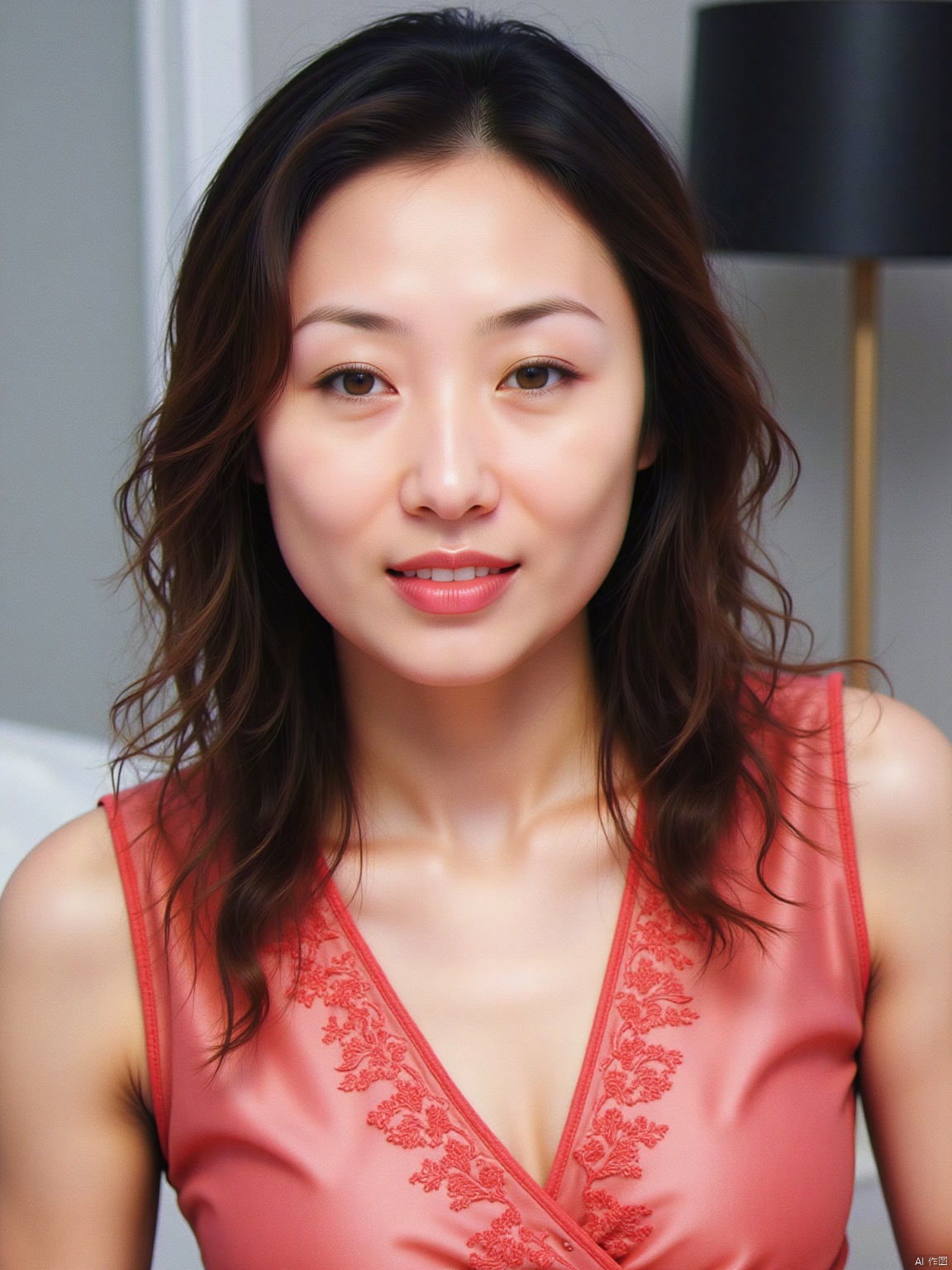 Soft focus on a ravishing woman's face,Side-swept curls,upped body,cleavage,Red embroidered pajamas, capturing every detail of her porcelain-like skin. The Kodak camera captures the subtle play of light and shadow across her features, accentuating the gentle curves of her cheeks and the delicate shape of her eyes. Her full face fills the frame, inviting the viewer to linger on her alluring expression.