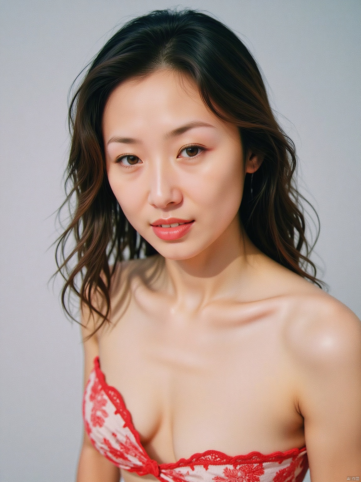 Soft focus on a ravishing woman's face,Side-swept curls,upped body,cleavage,Red embroidered pajamas, capturing every detail of her porcelain-like skin. The Kodak camera captures the subtle play of light and shadow across her features, accentuating the gentle curves of her cheeks and the delicate shape of her eyes. Her full face fills the frame, inviting the viewer to linger on her alluring expression.