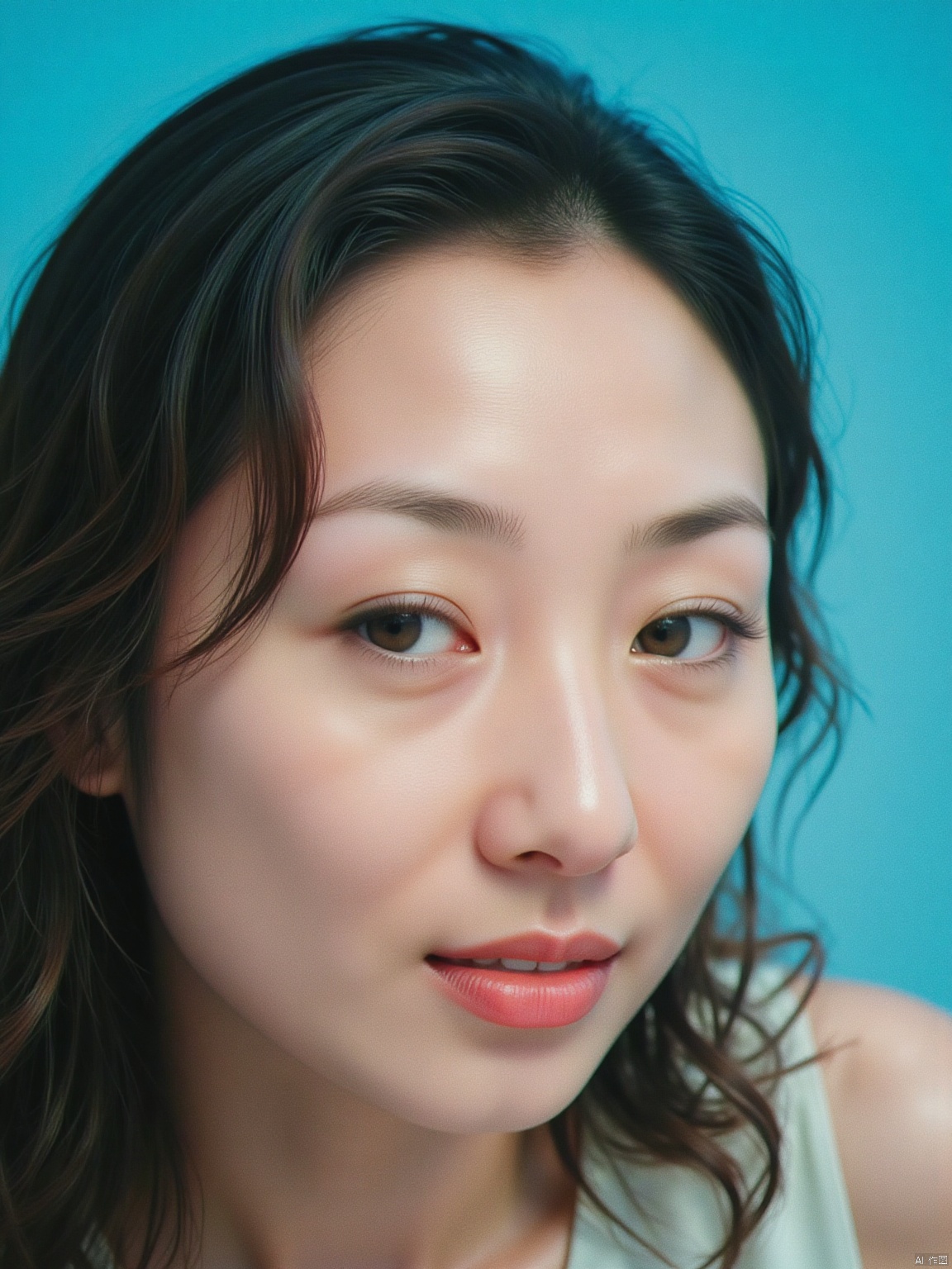Soft focus on a ravishing woman's face,Side-swept curls, capturing every detail of her porcelain-like skin. The Kodak camera captures the subtle play of light and shadow across her features, accentuating the gentle curves of her cheeks and the delicate shape of her eyes. Her full face fills the frame, inviting the viewer to linger on her alluring expression.