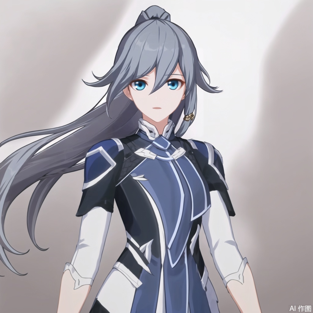 masterpiece, best quality,solo,(white background:1.2),simple background,
looking at viewer,fu hua,fu hua cgver,long hair,bangs,blue eyes,hair between eyes,ponytail,hair ornament,grey hair,blue hair