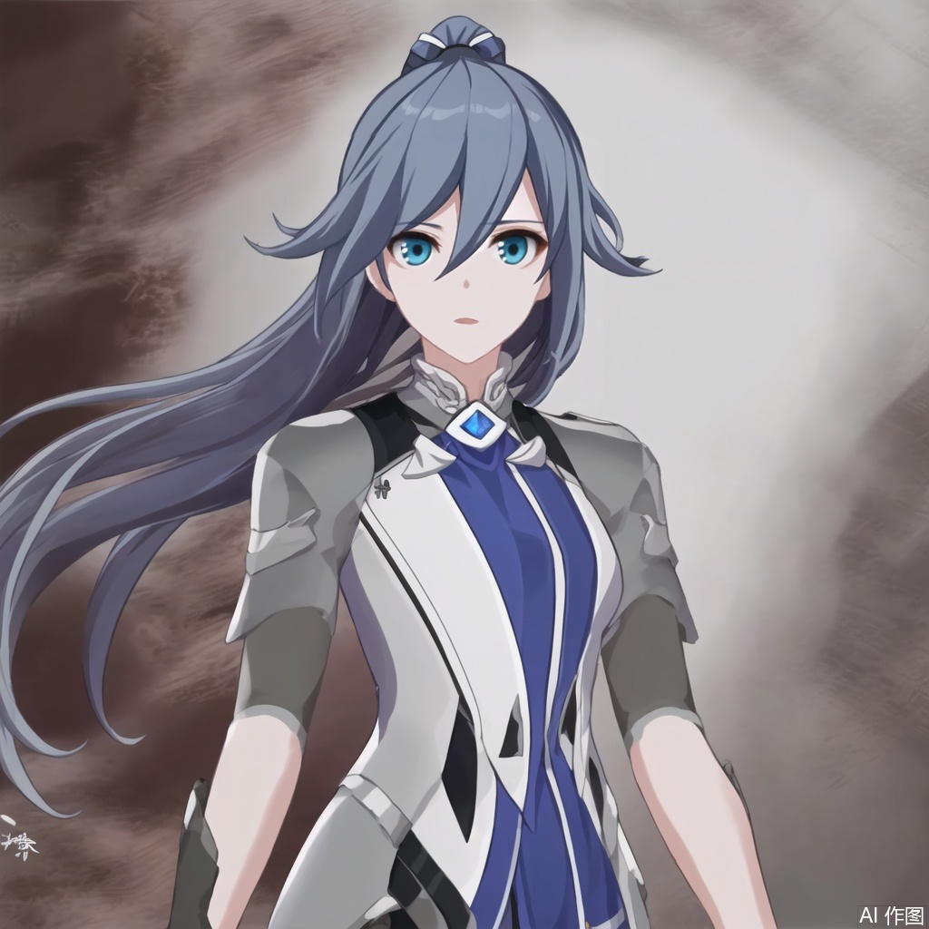 masterpiece, best quality,solo,(white background:1.2),simple background,
looking at viewer,fu hua,fu hua cgver,long hair,bangs,blue eyes,hair between eyes,ponytail,hair ornament,grey hair,blue hair