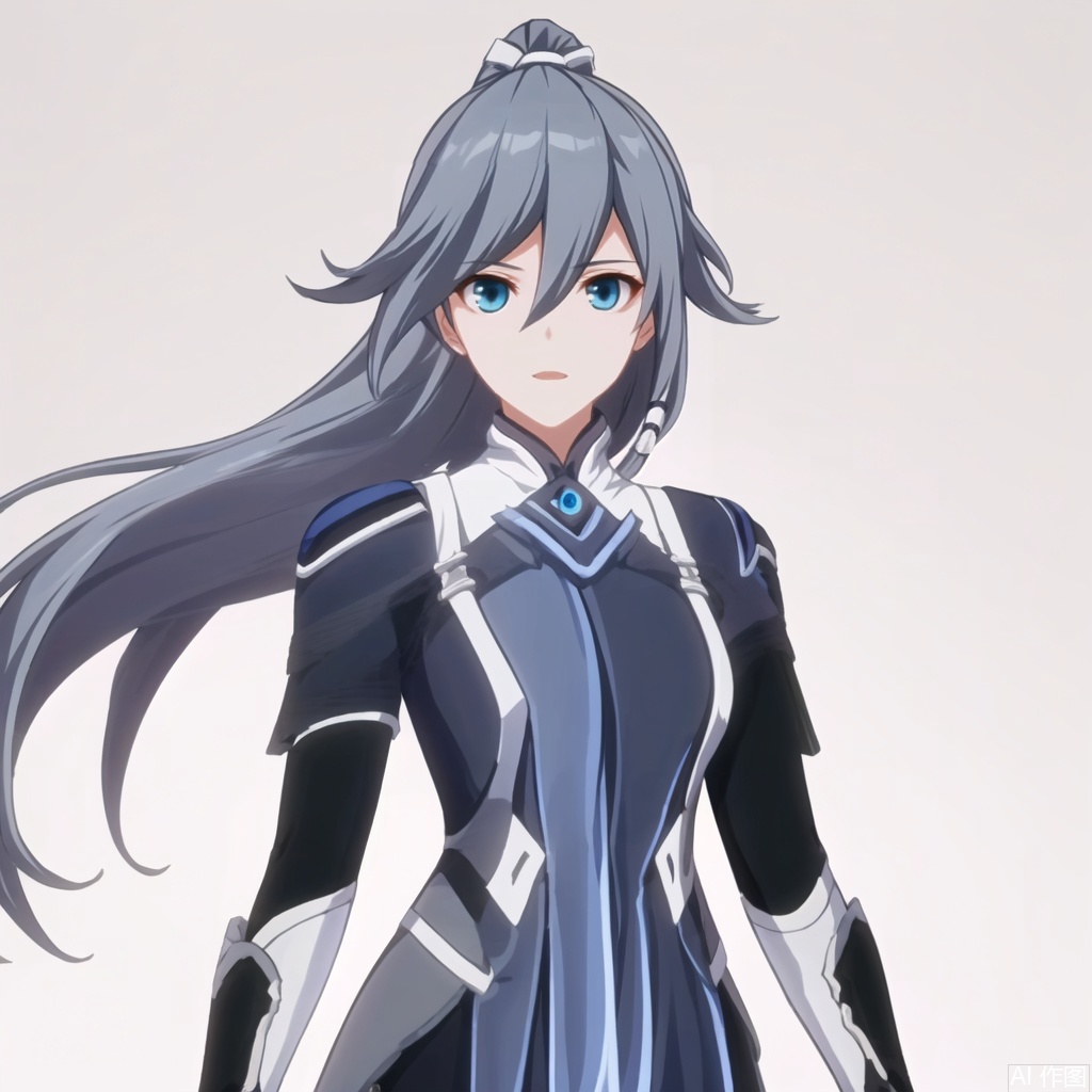 masterpiece, best quality,solo,(white background:1.2),simple background,
looking at viewer,fu hua,fu hua cgver,long hair,bangs,blue eyes,hair between eyes,ponytail,hair ornament,grey hair,blue hair